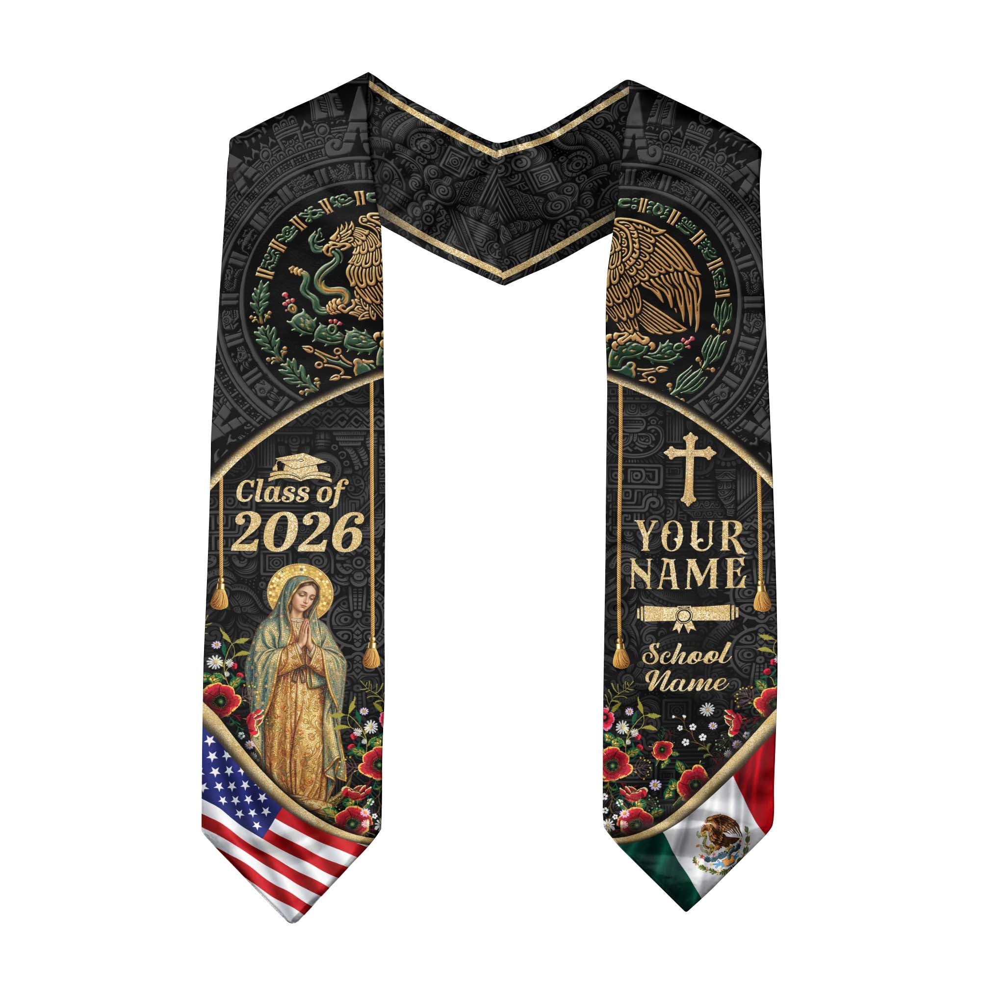 Mexico Graduation Stole Class of 2026 Custom Name Virgin Mary Aztec Eagle Sash