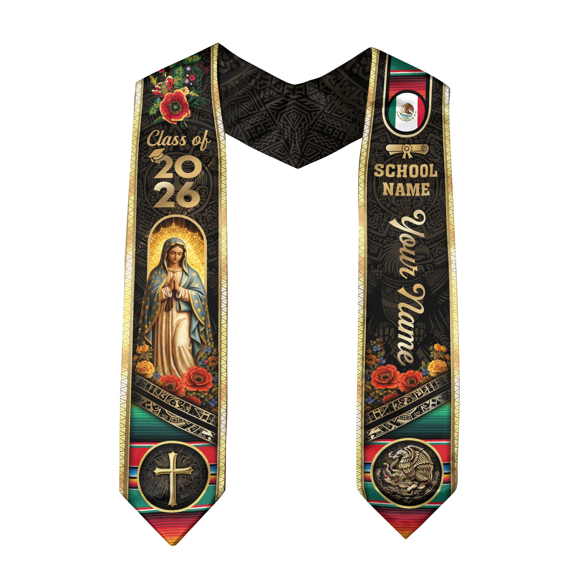 Mexico Class of 2026 Graduation Stole Custom Name Guadalupe Cross Sash
