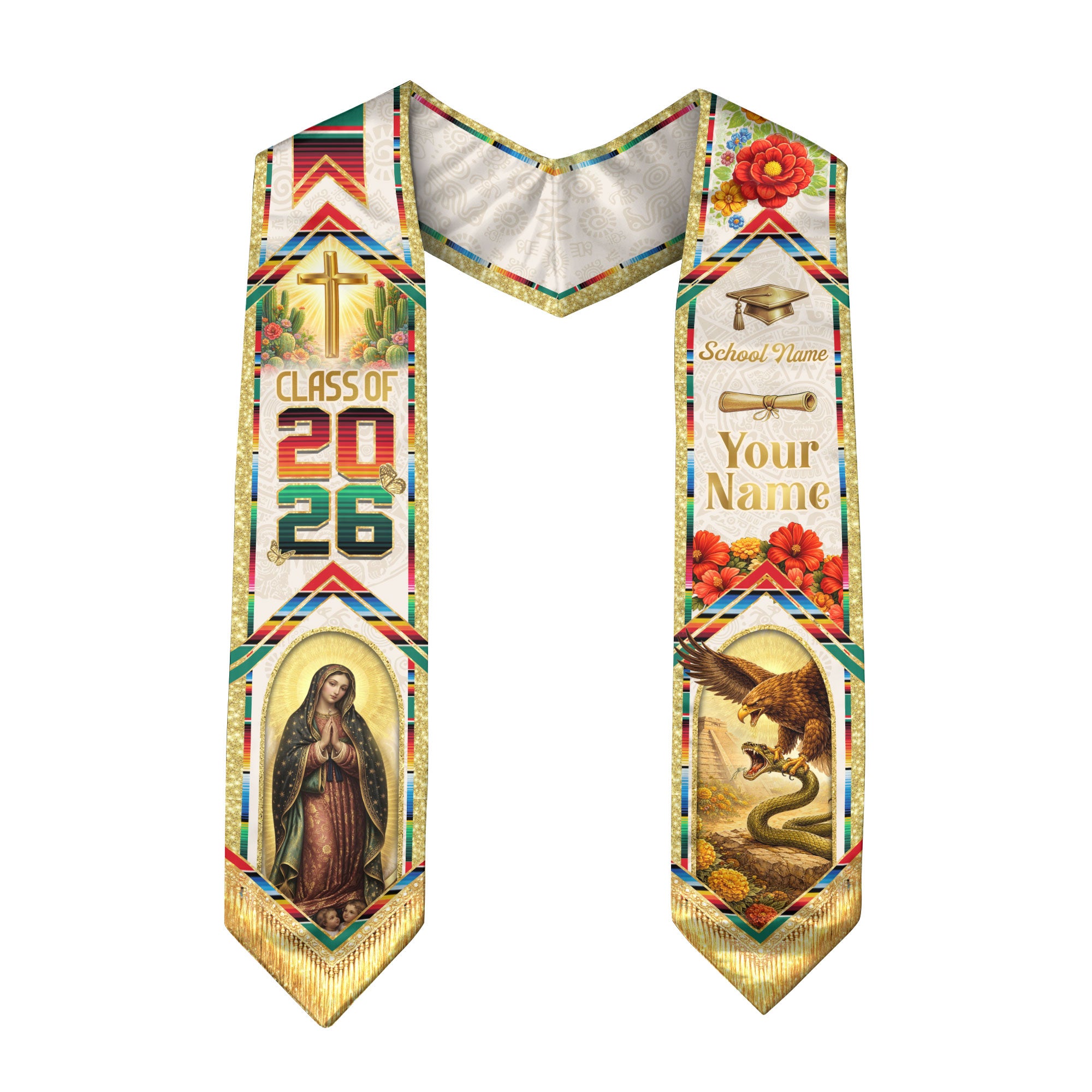 Mexico Graduation Stole Custom 2026 Guadalupe Eagle Cross Serape Sash Gift