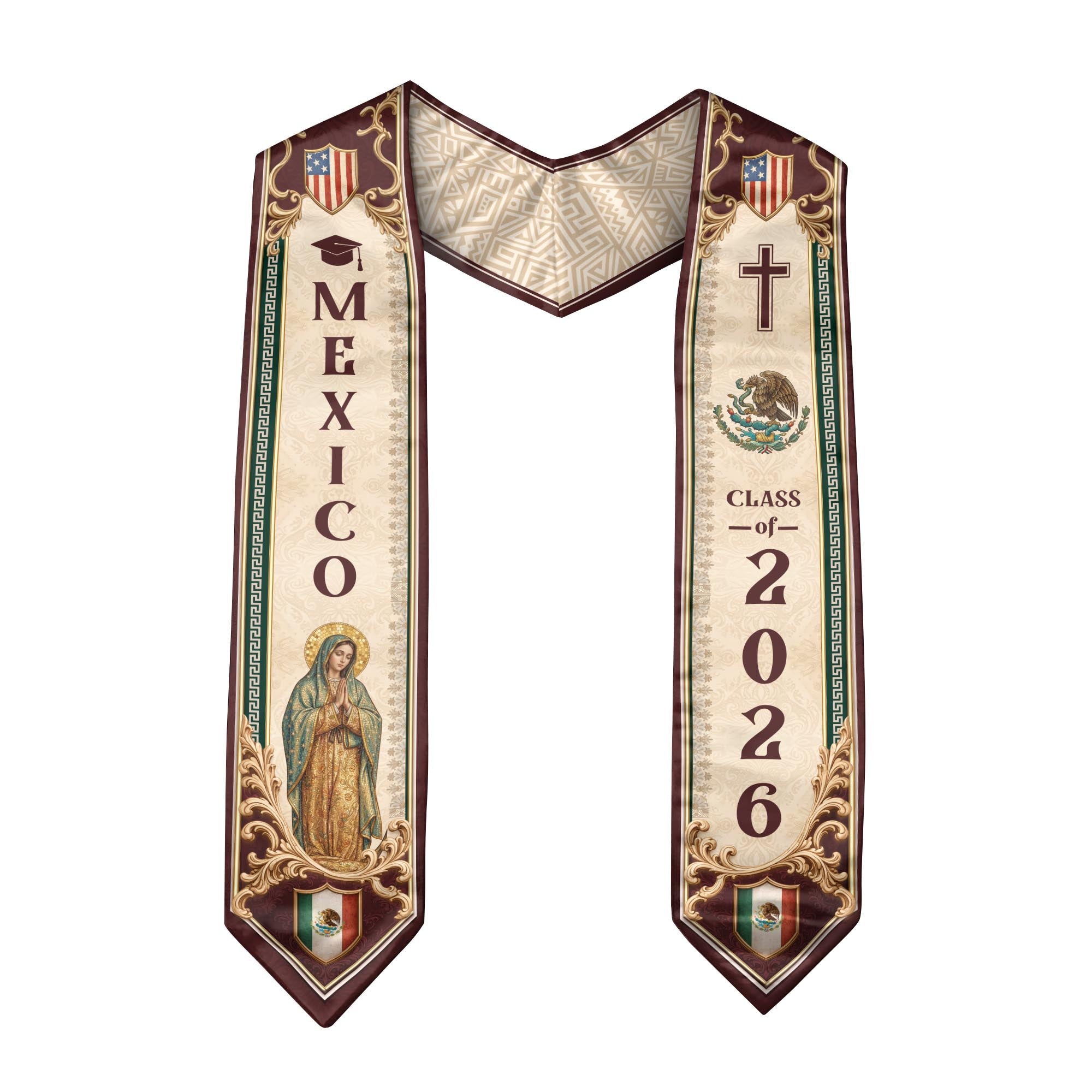 Mexico Graduation Stole 2026 Our Lady of Guadalupe Cross Catholic Classic Design
