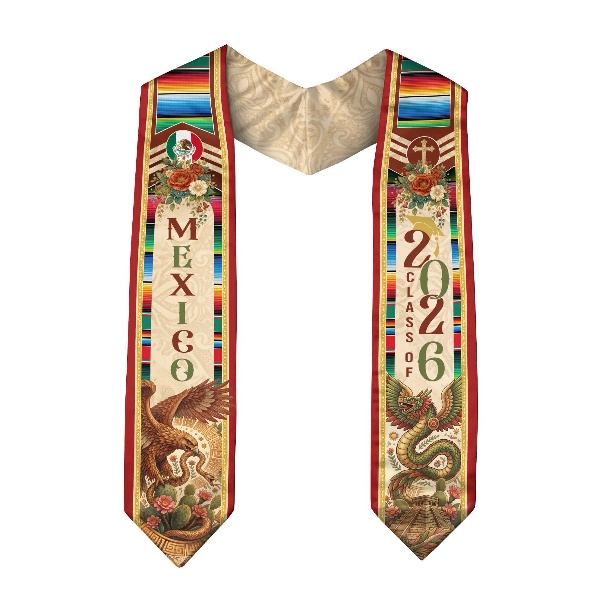 Mexico Graduation Stole 2026 Eagle Serpent Aztec Pyramid Serape Cultural Heritage Design