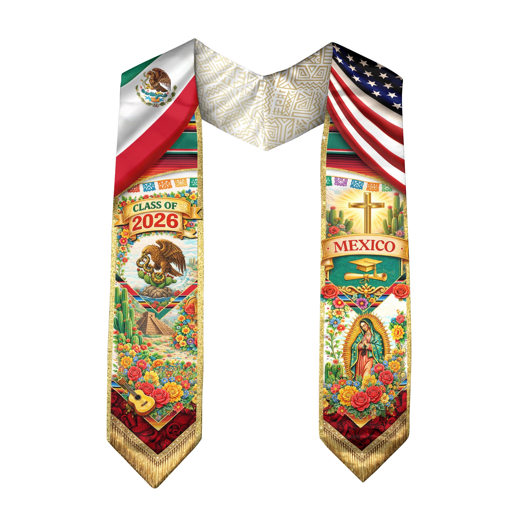 Mexico Class of 2026 Graduation Stole Guadalupe Eagle Cross USA Flag Sash