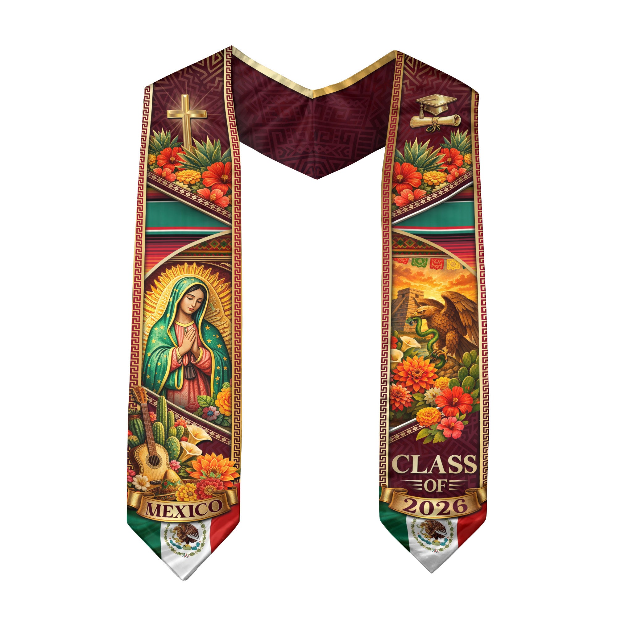 Mexico Graduation Stole 2026 Guadalupe Eagle Cross Floral Serape Sash Gift