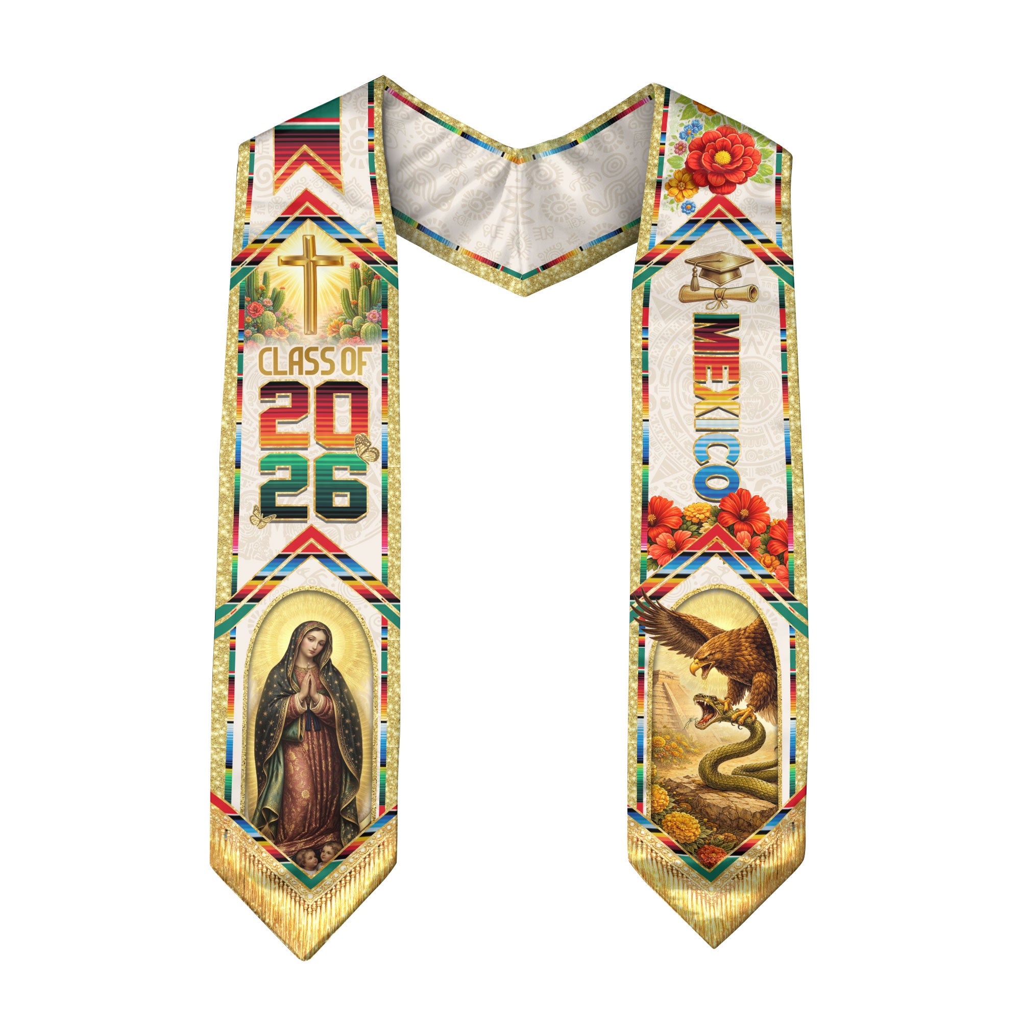 Mexican Graduation Stole 2026 Guadalupe Cross Eagle Snake Serape Sash