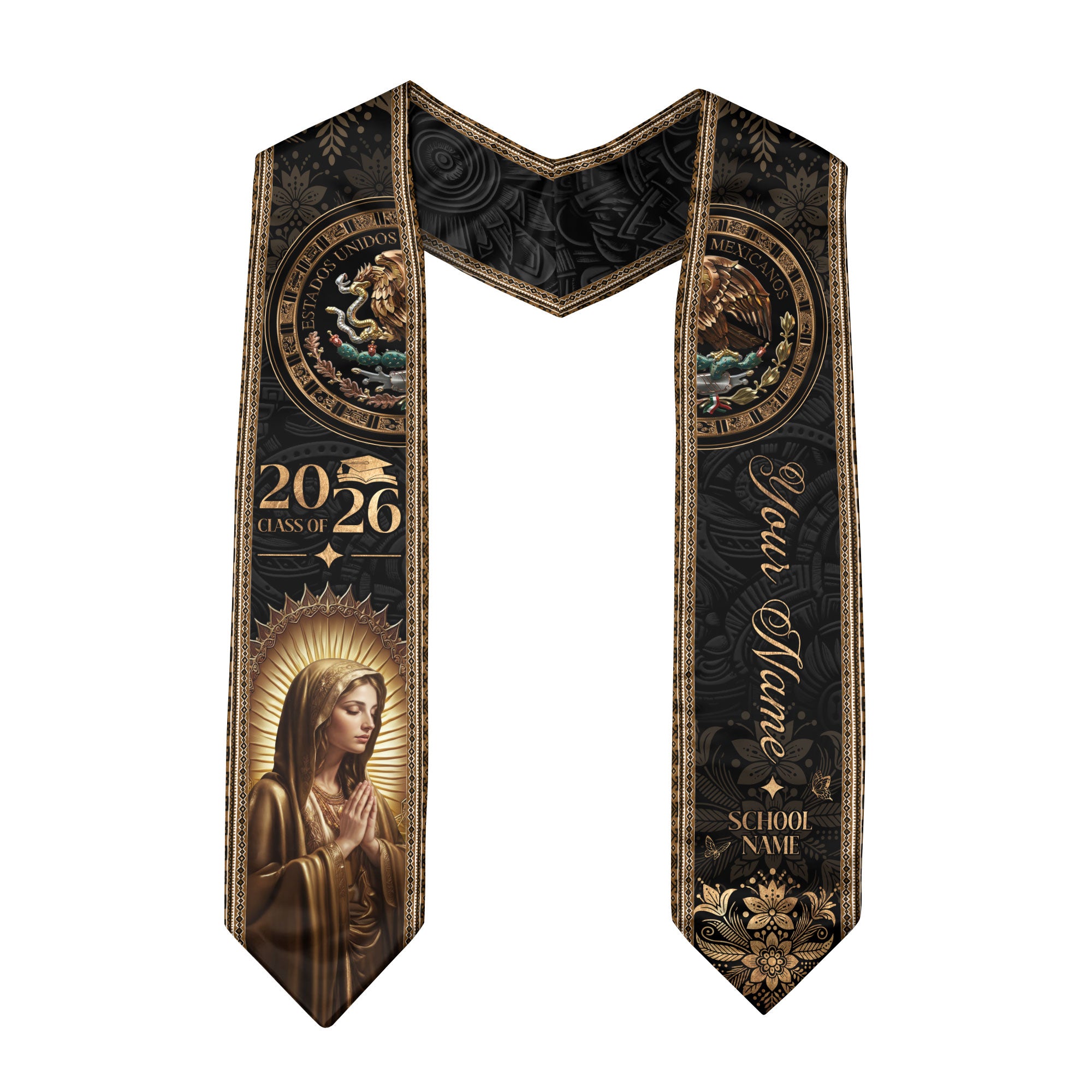 Custom Mexican Graduation Stole 2026 Virgin Mary Gold Eagle Heritage Black Luxury Sash