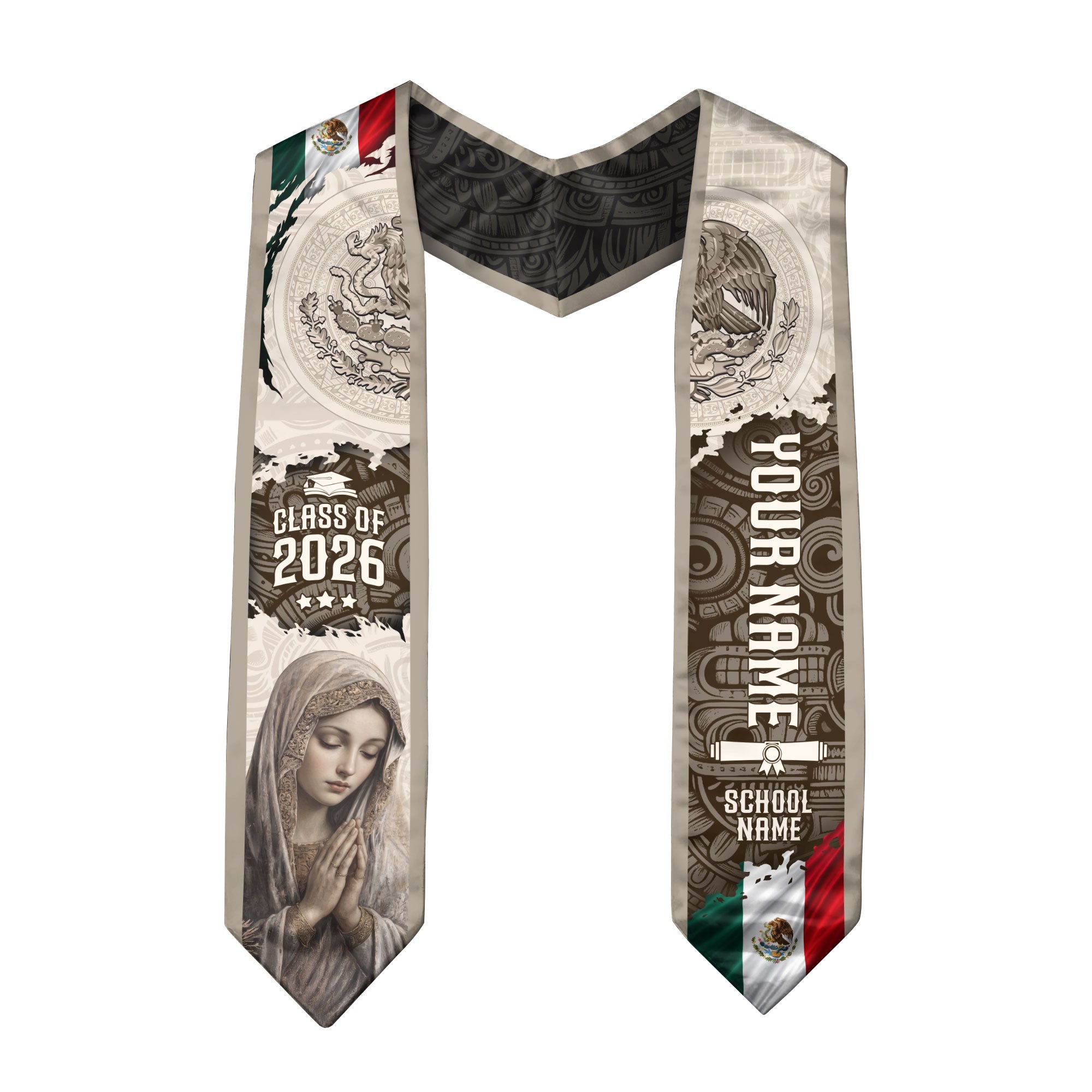 Custom Mexican Graduation Stole Class of 2026 Virgin Mary Guadalupe Heritage Sash Gift