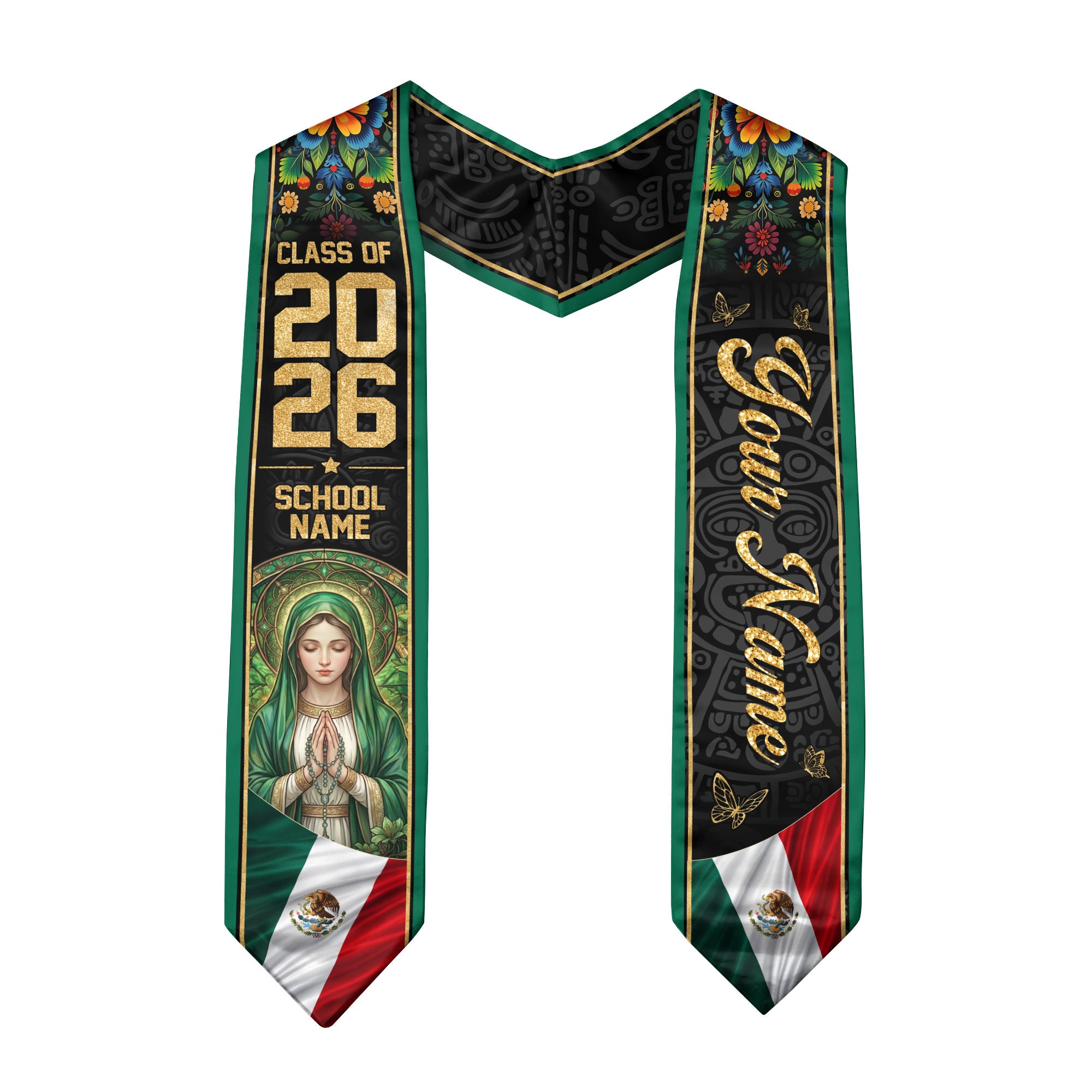 Personalized Mexico Flag Graduation Stole 2026 Our Lady of Guadalupe Floral Kente Sash