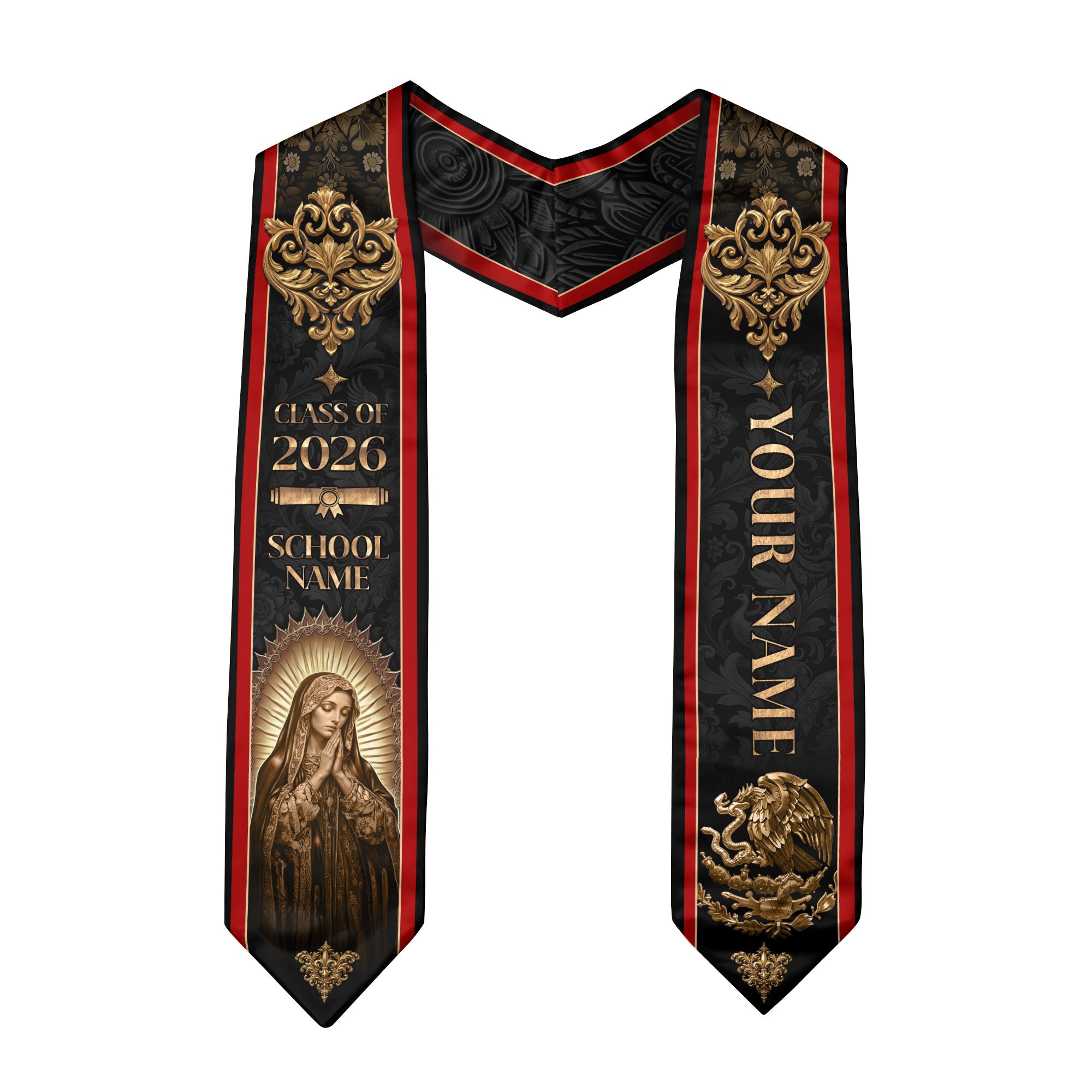 Personalized Mexico Flag Graduation Stole 2026 Our Lady of Guadalupe Gold Baroque Sash