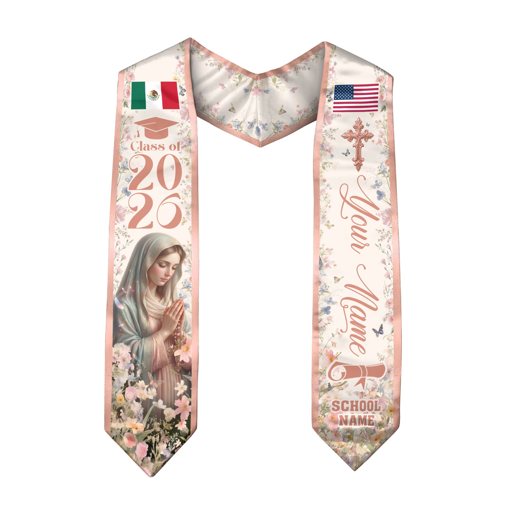 Custom Mexican American Graduation Stole 2026 Virgin Mary Floral Mexico USA Flag Sash