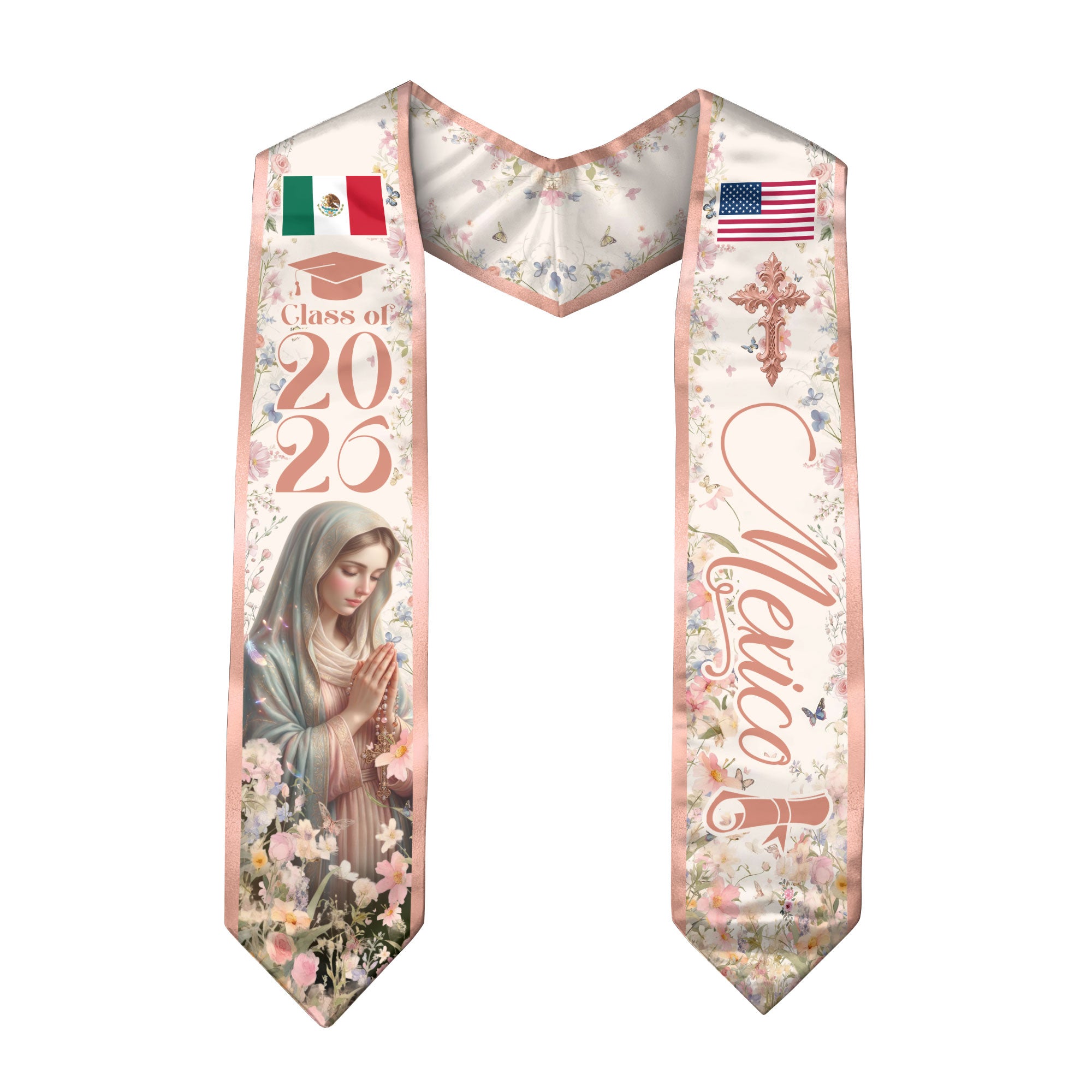 Mexican American Graduation Stole 2026 Virgin Mary Mexico USA Flag Floral Sash