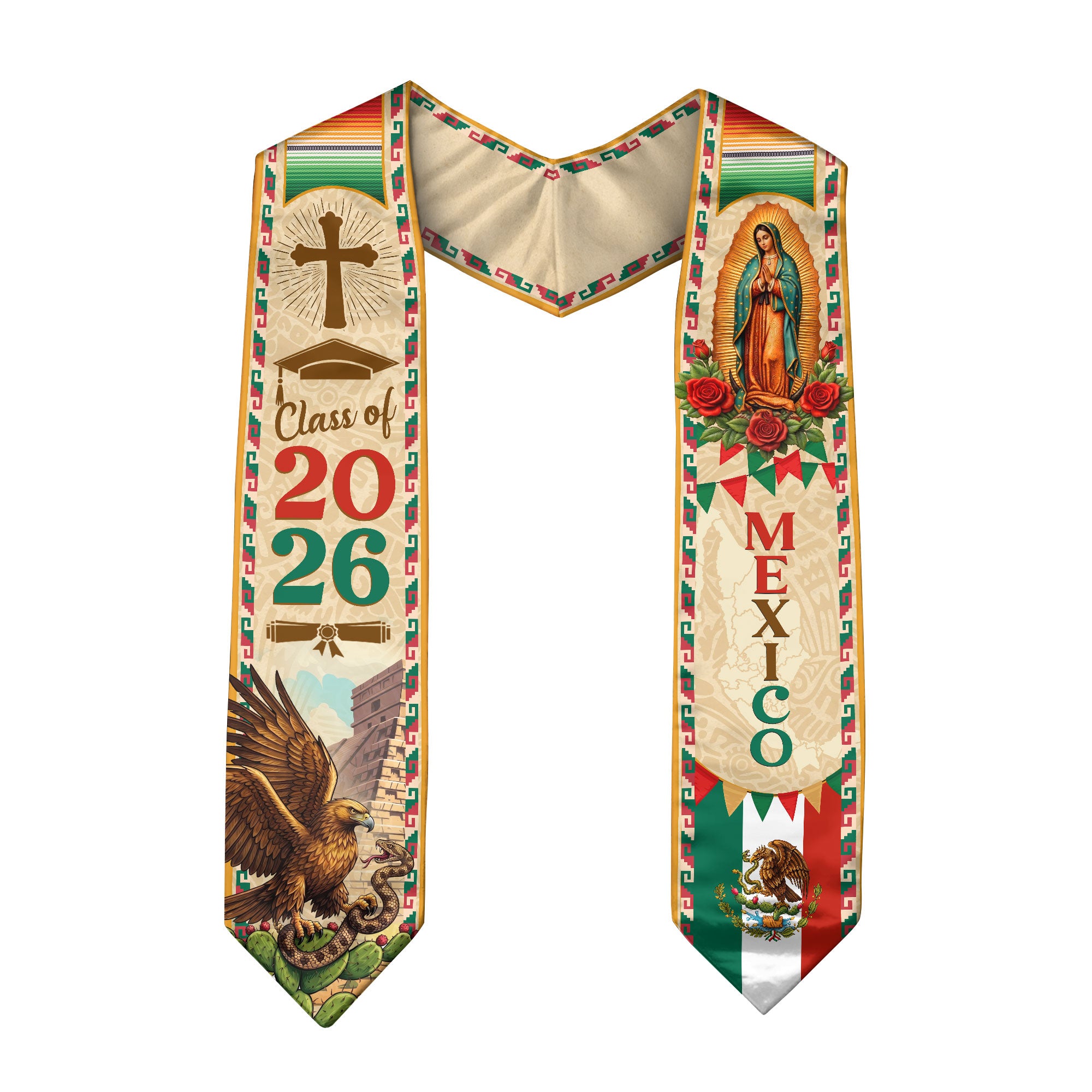 Mexican Flag Graduation Stole - Class of 2026 Sash for Graduation Ceremony