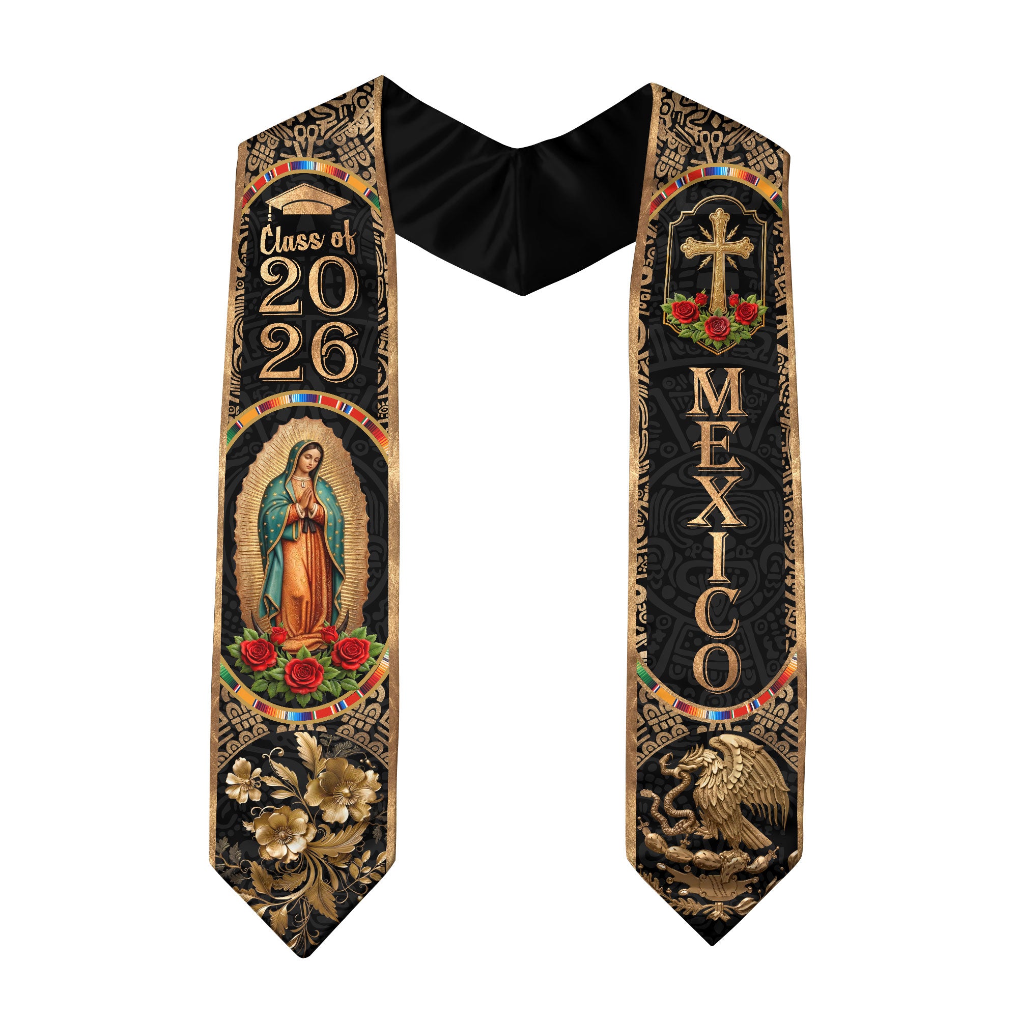 Mexican Graduation Stole Class of 2026 - Black Gold Mexican Heritage Sash Gift