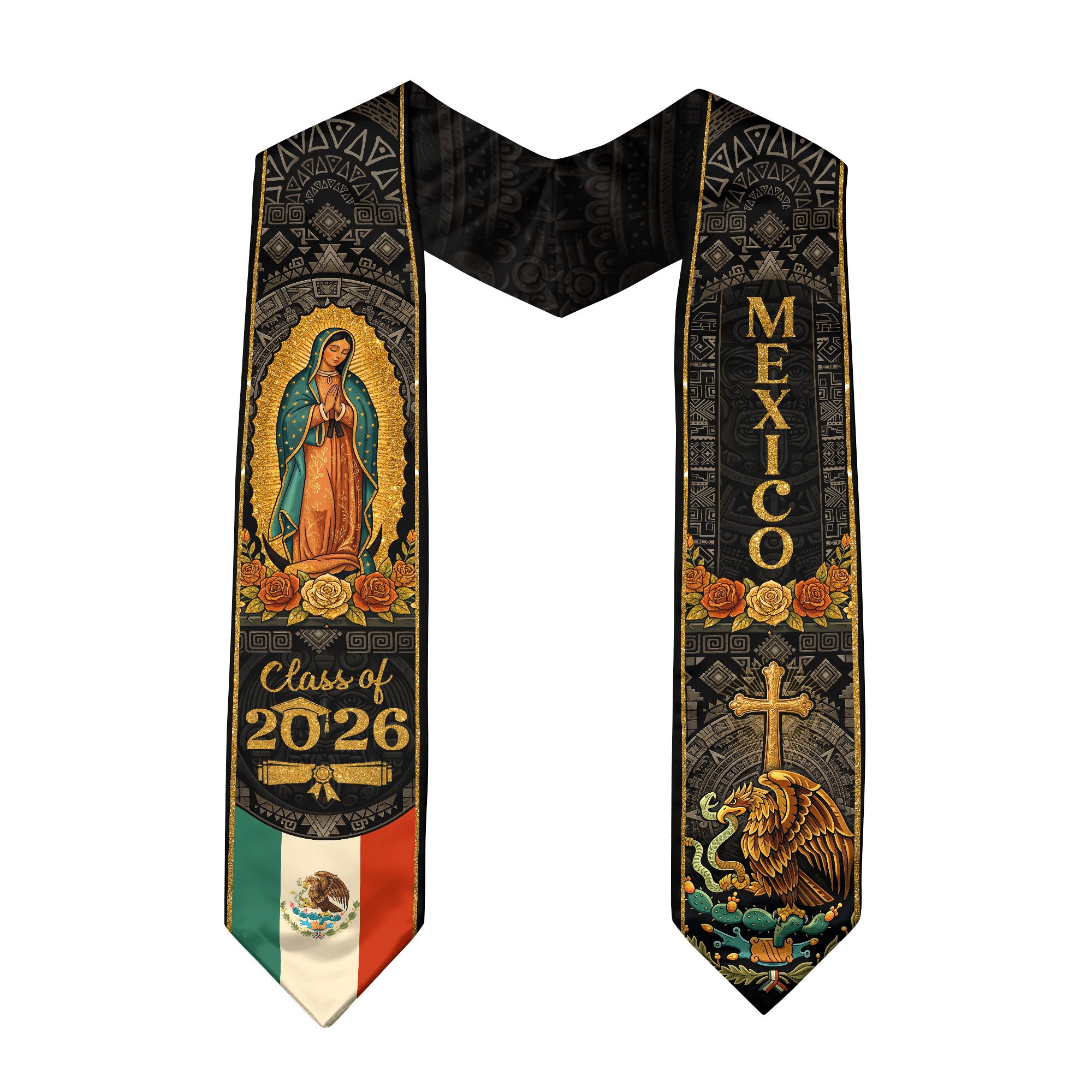 Our Lady of Guadalupe Graduation Stole 2026 - Aztec Sun Stone Mexico Heritage Sash