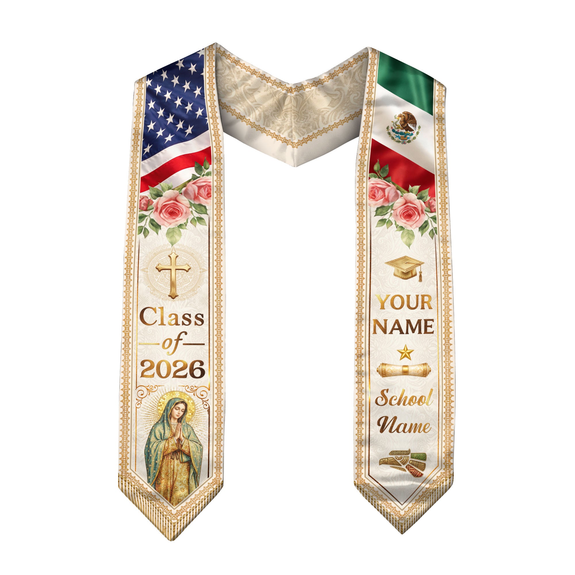 Custom Mexican Graduation Stole 2026 Virgin Mary Aztec Eagle Name School Sash