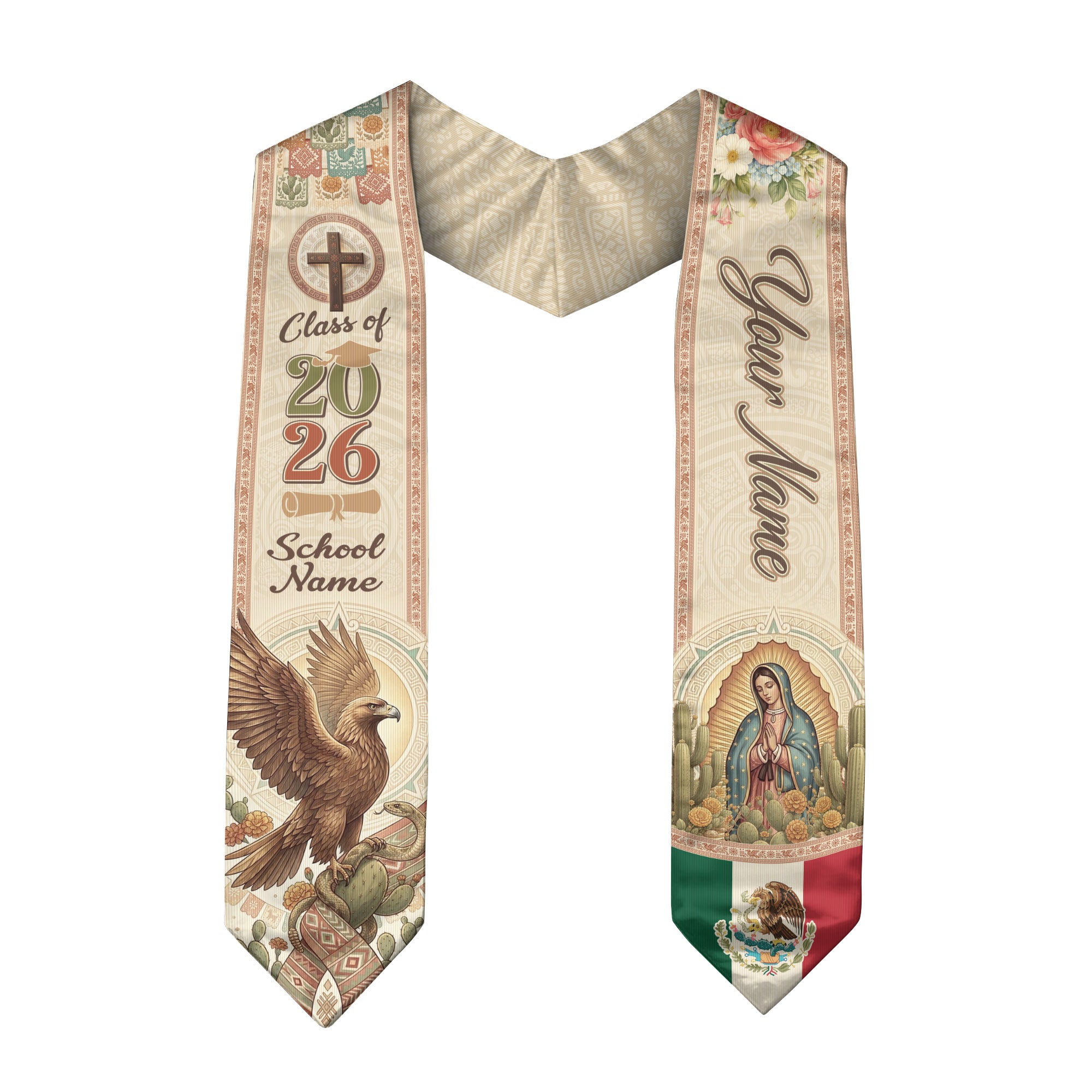 Custom Mexico Graduation Stole 2026 - Our Lady of Guadalupe & Eagle Heritage Sash