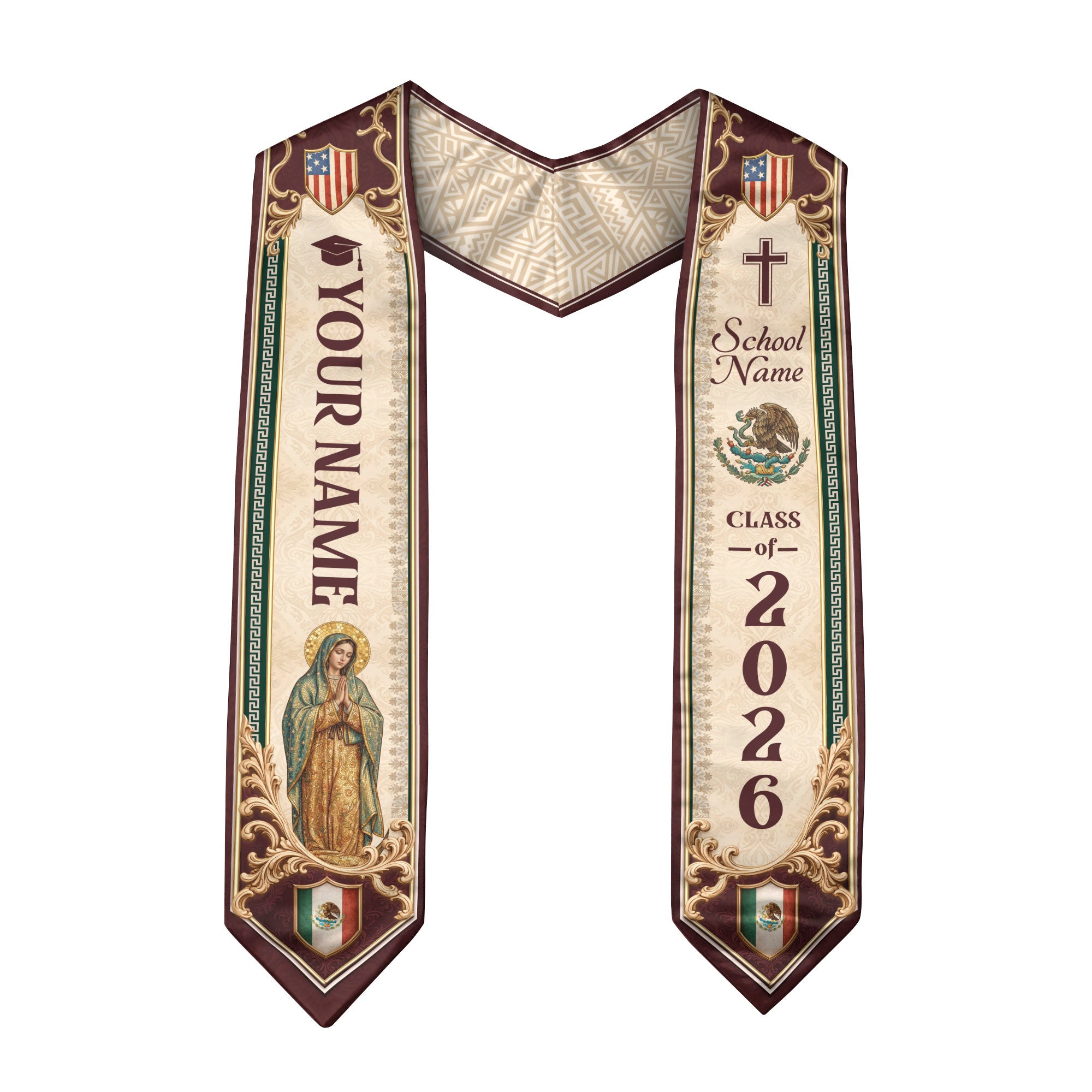 Custom Mexico US Flag Graduation Stole 2026 - Our Lady of Guadalupe Heritage Sash