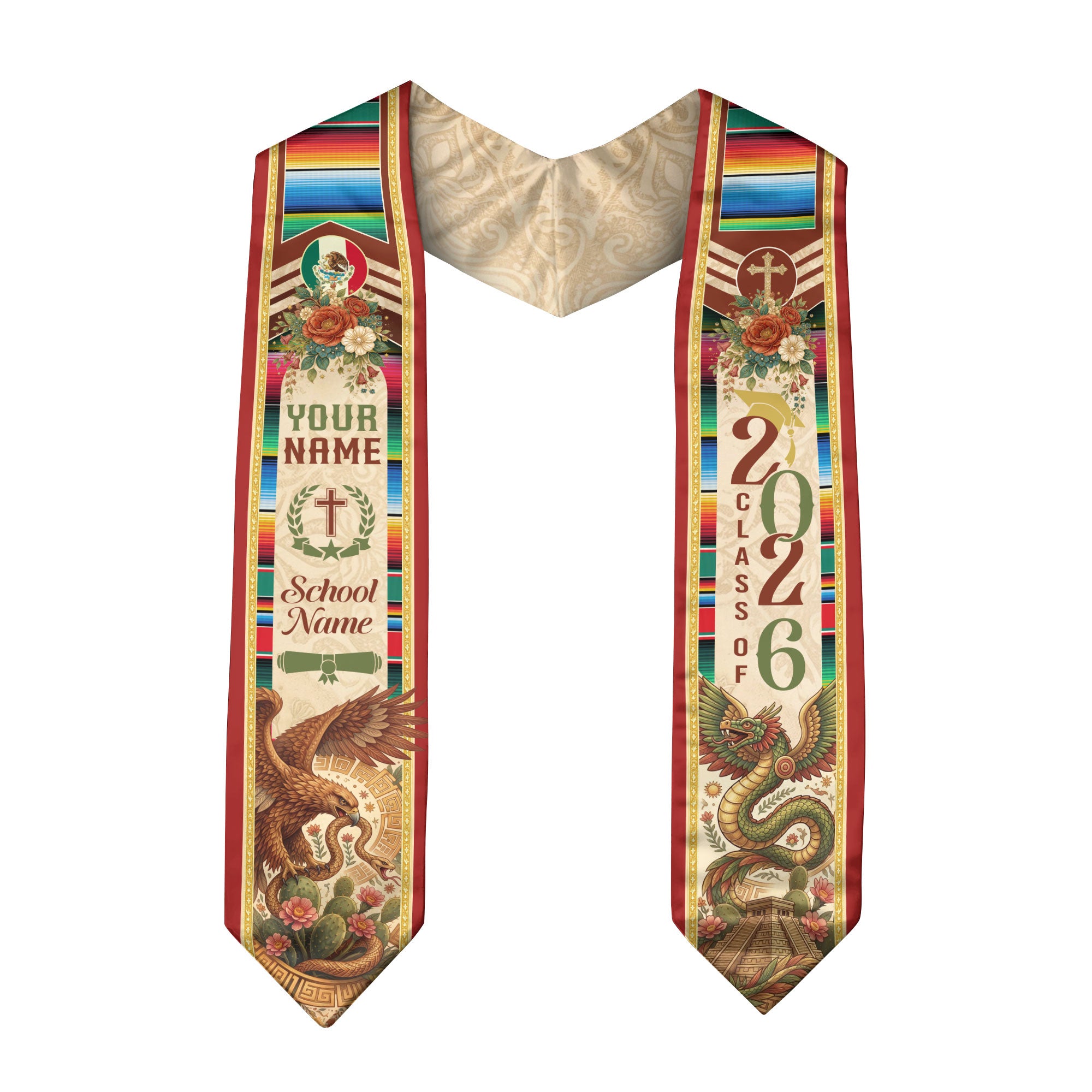 Custom Mexico Graduation Stole 2026 - Quetzalcoatl Aztec & Mexican Eagle Heritage Sash