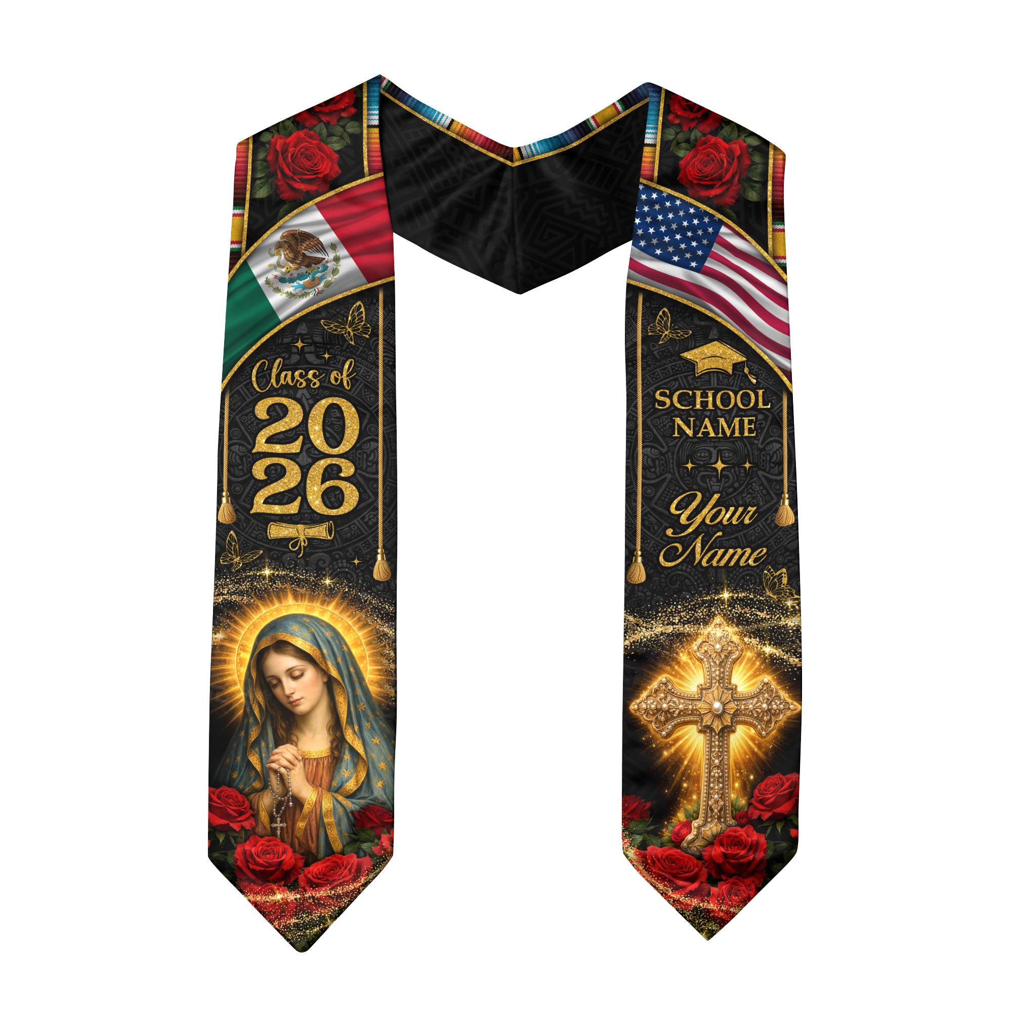 Custom Mexico Graduation Stole Class of 2026 Virgin Mary Cross Mexican Flag Sash