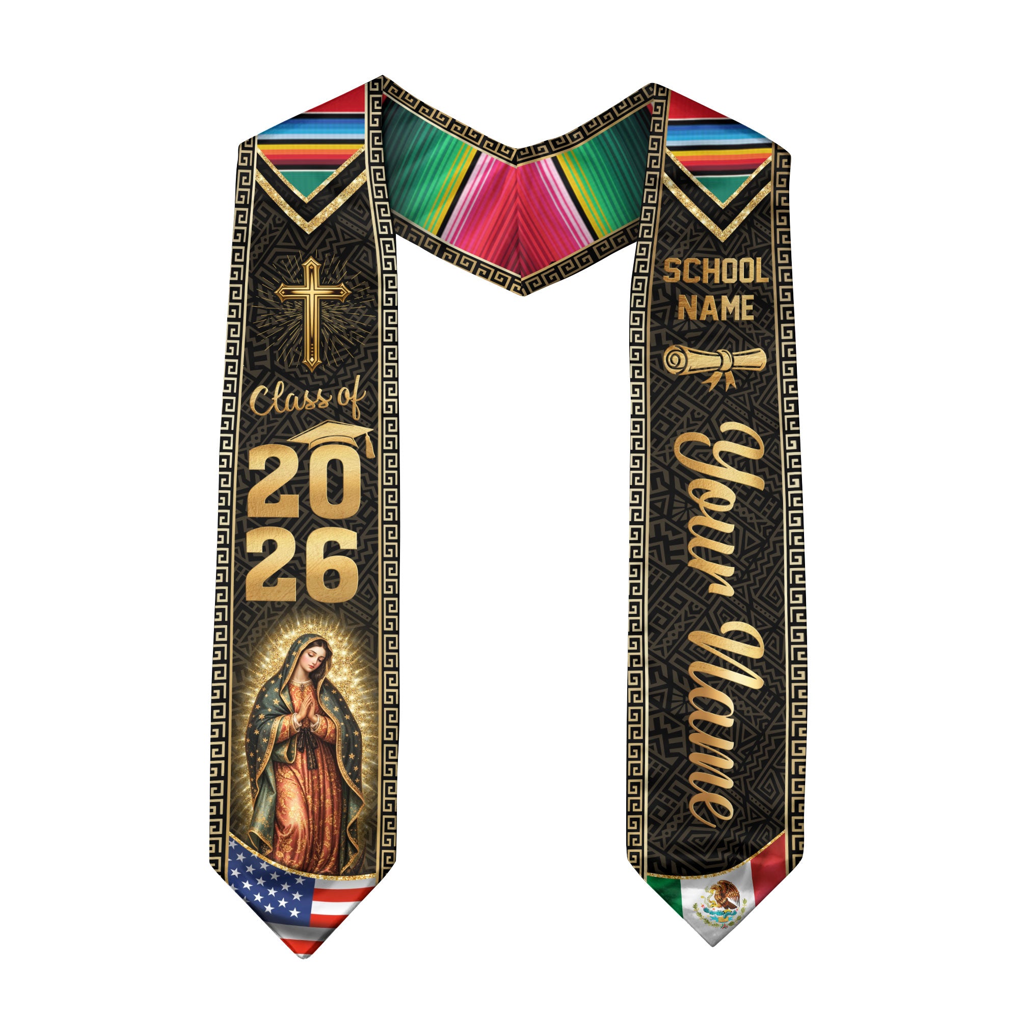 Mexico USA Graduation Stole Class of 2026 - Personalized Serape Heritage Gold Sash