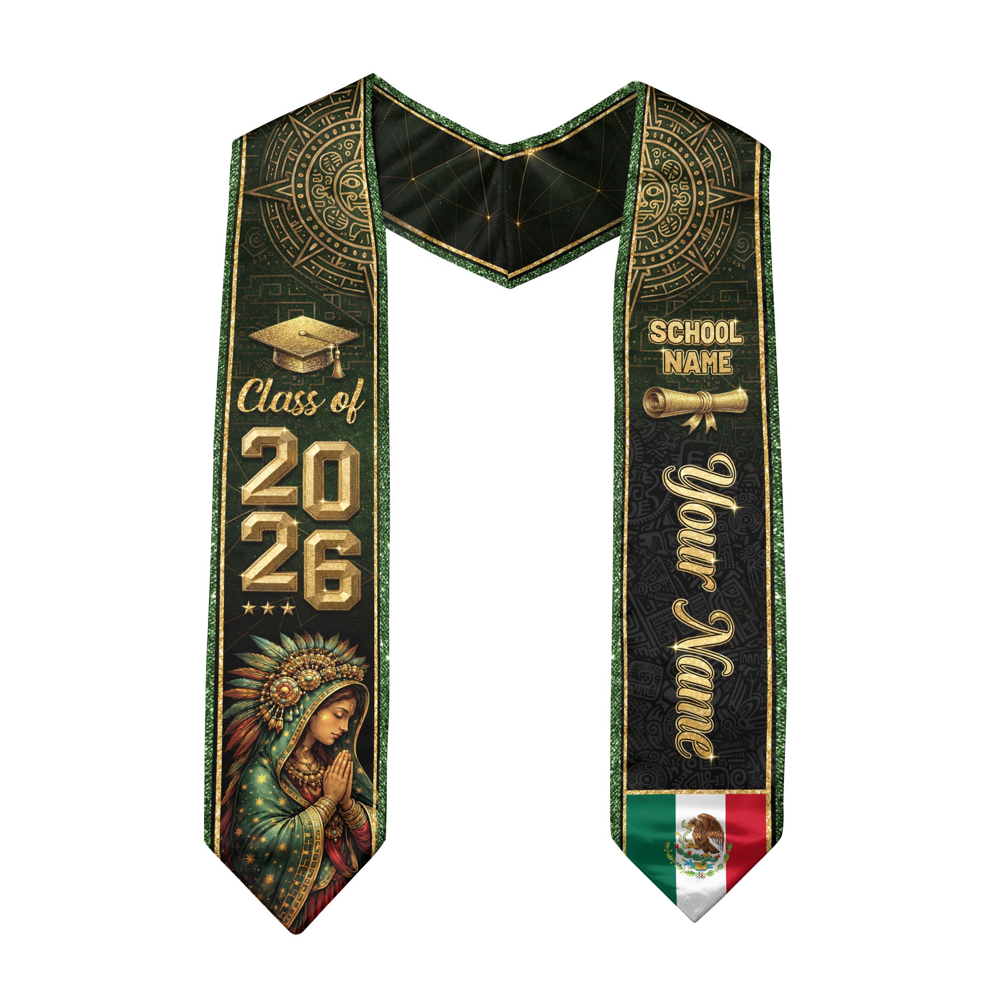 Personalized Mexico Graduation Sash 2026 - Virgin Mary Green Glitter Heritage Stole