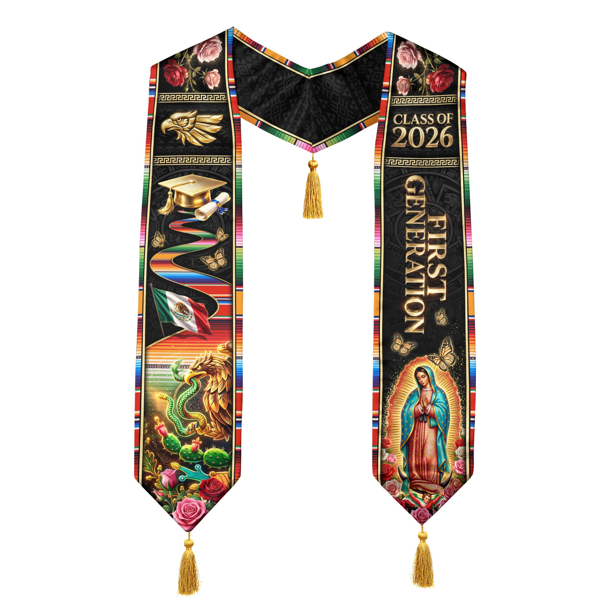 Class of 2026 Mexico Stole First Generation Guadalupe Aztec Eagle Rose Serape Tassel Sash