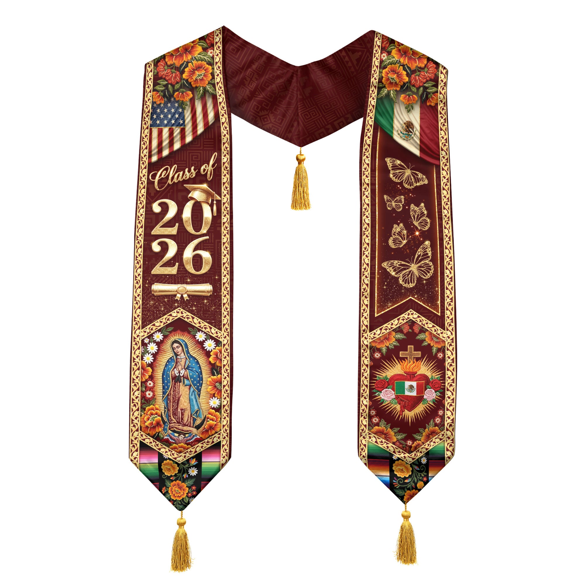 Mexico Stole Class of 2026 Butterfly Sacred Heart Virgin Guadalupe Floral Tassel Sash