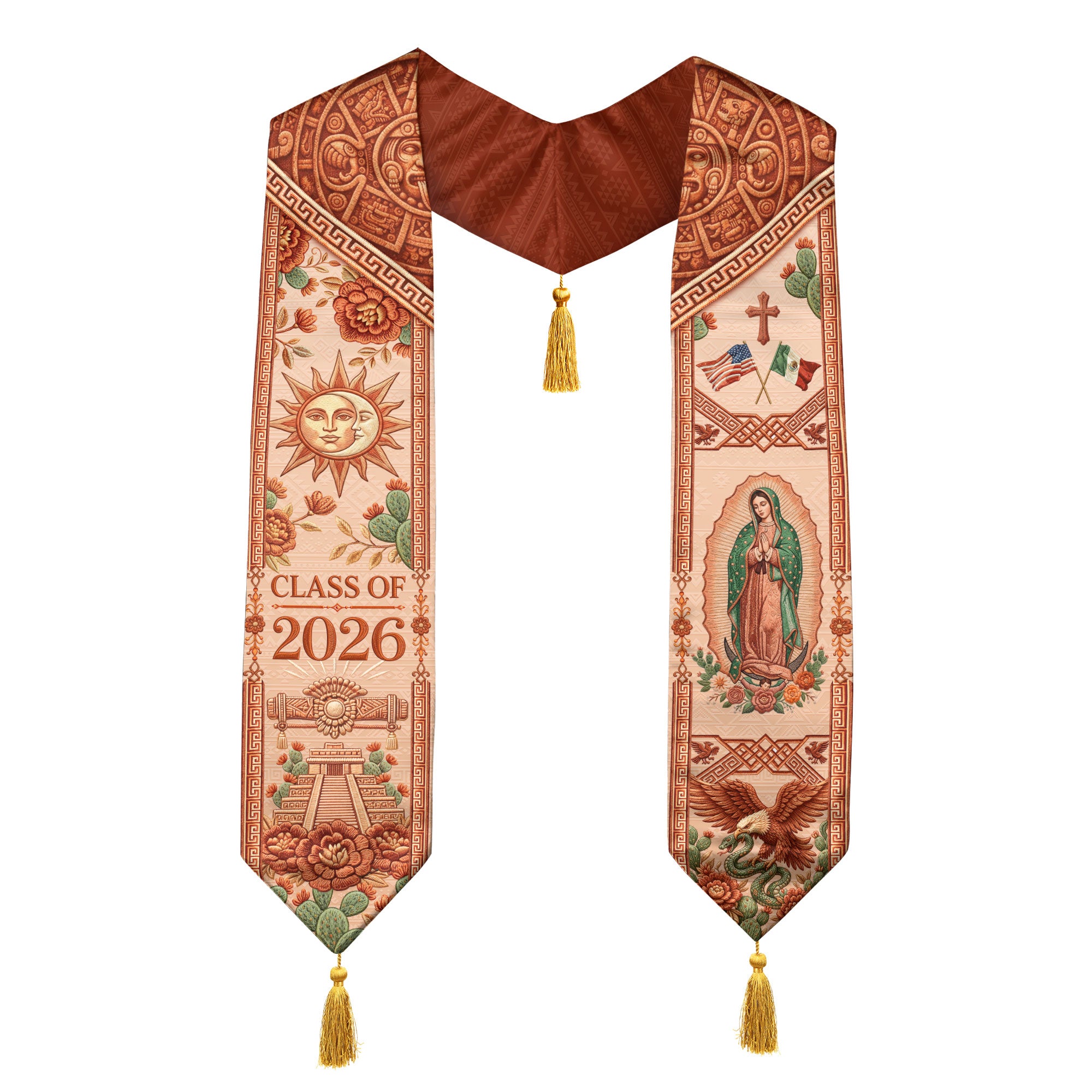 Mexico Graduation Stole Class of 2026 Sun Moon Chichen Itza Guadalupe Tassel Sash