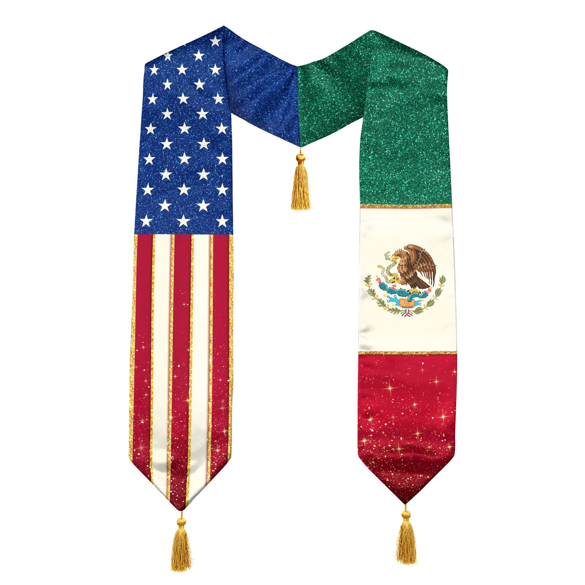 Mexico USA Dual Flag Graduation Stole Glitter Heritage Tassel Sash Gift