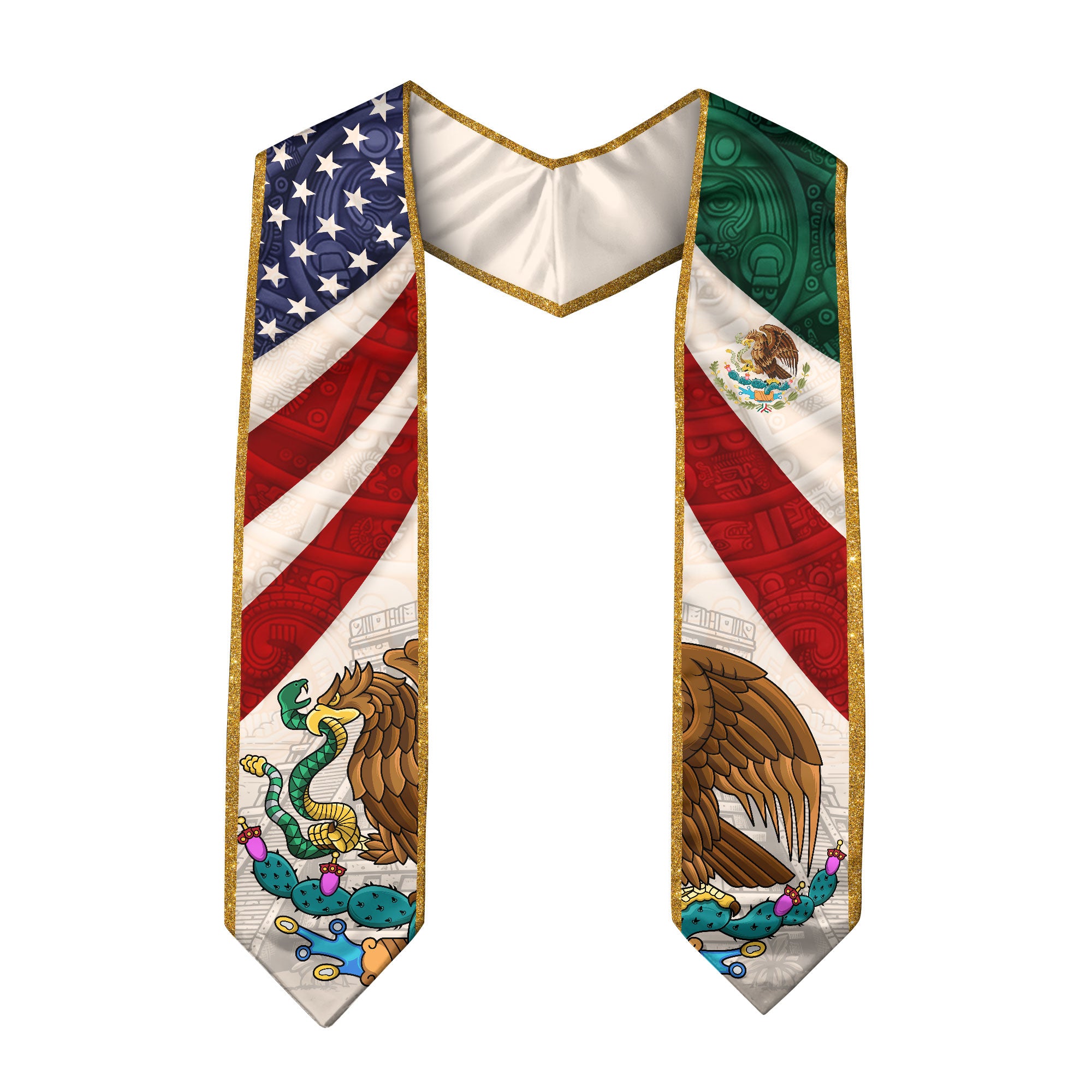 Mexican American Graduation Stole - Mexico USA Flag Sash Aztec Eagle Heritage