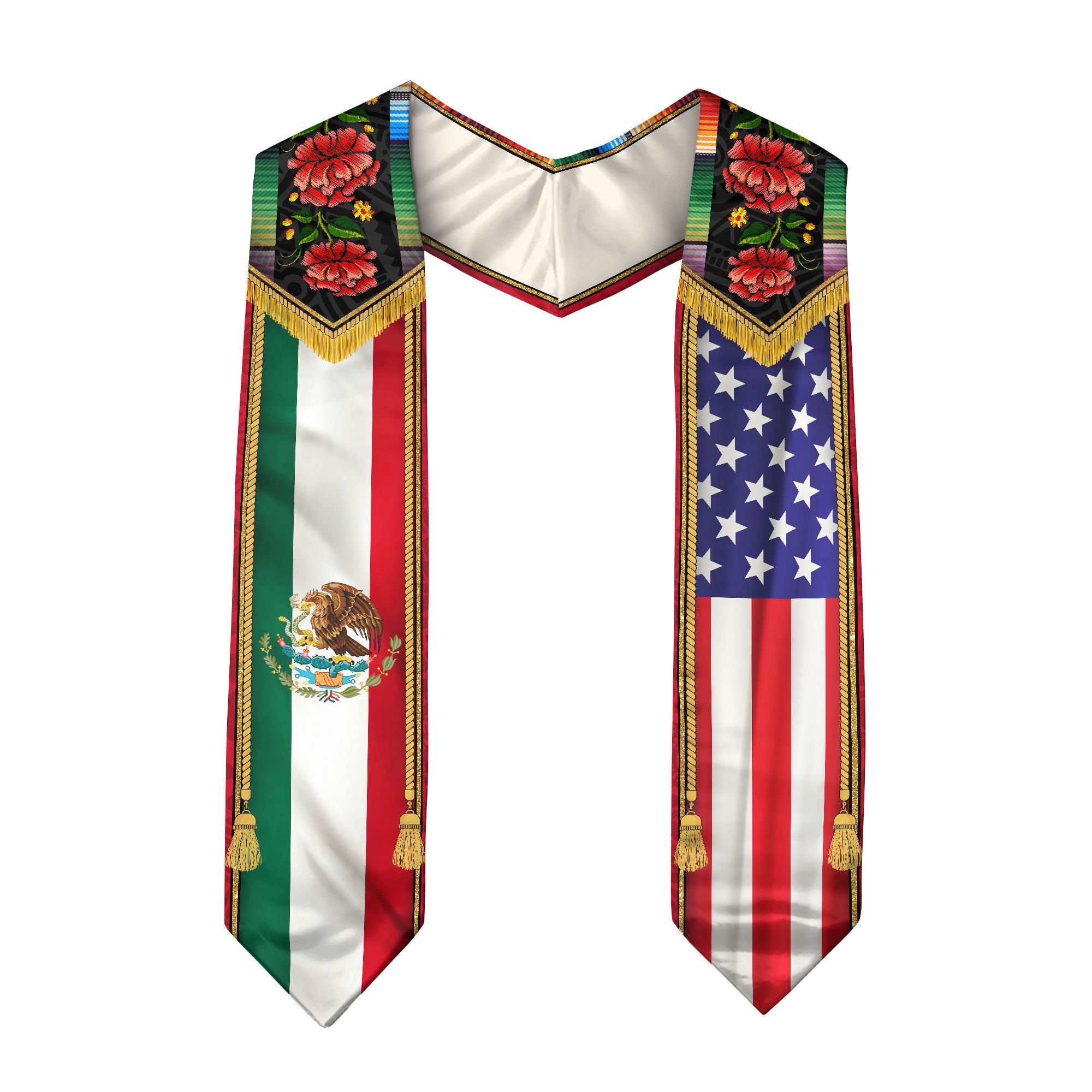 Mexico USA Floral Graduation Stole - Mexican American Heritage Serape Sash
