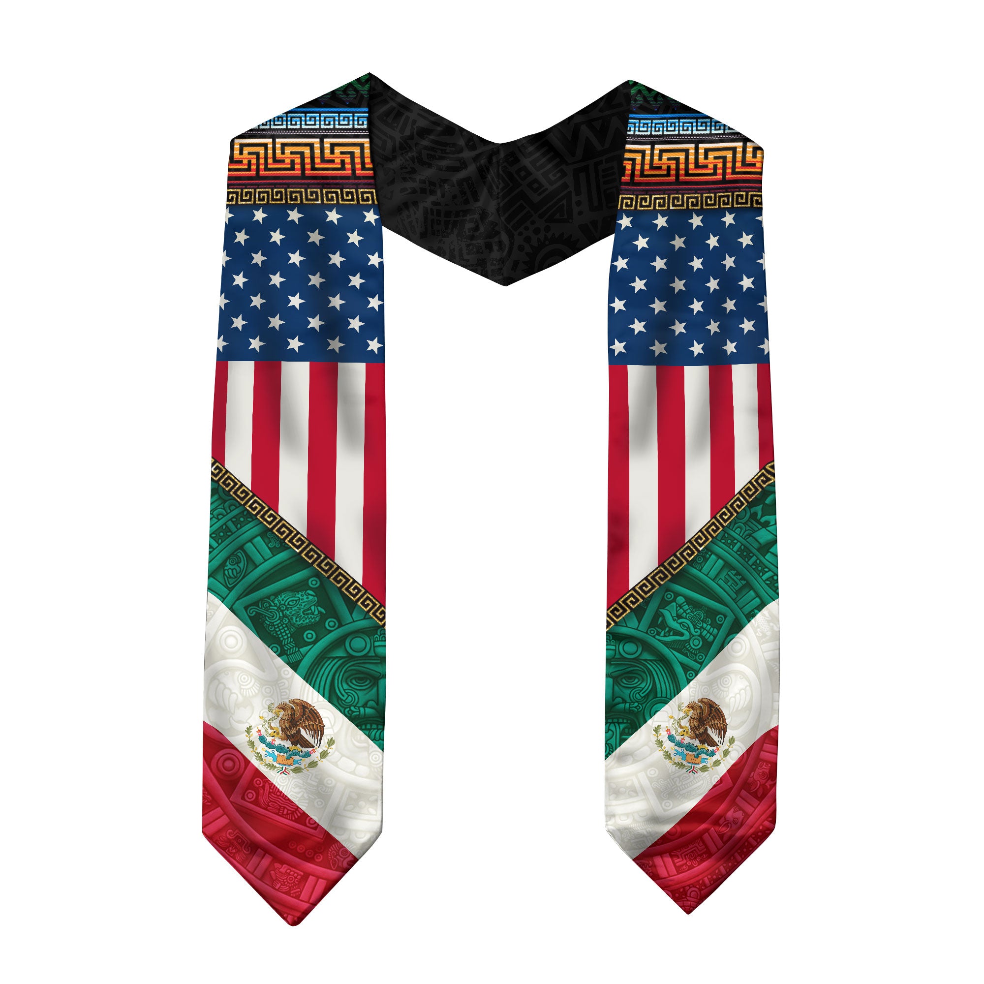 Mexico USA Flag Graduation Stole - Aztec Pattern Mexican American Heritage Sash