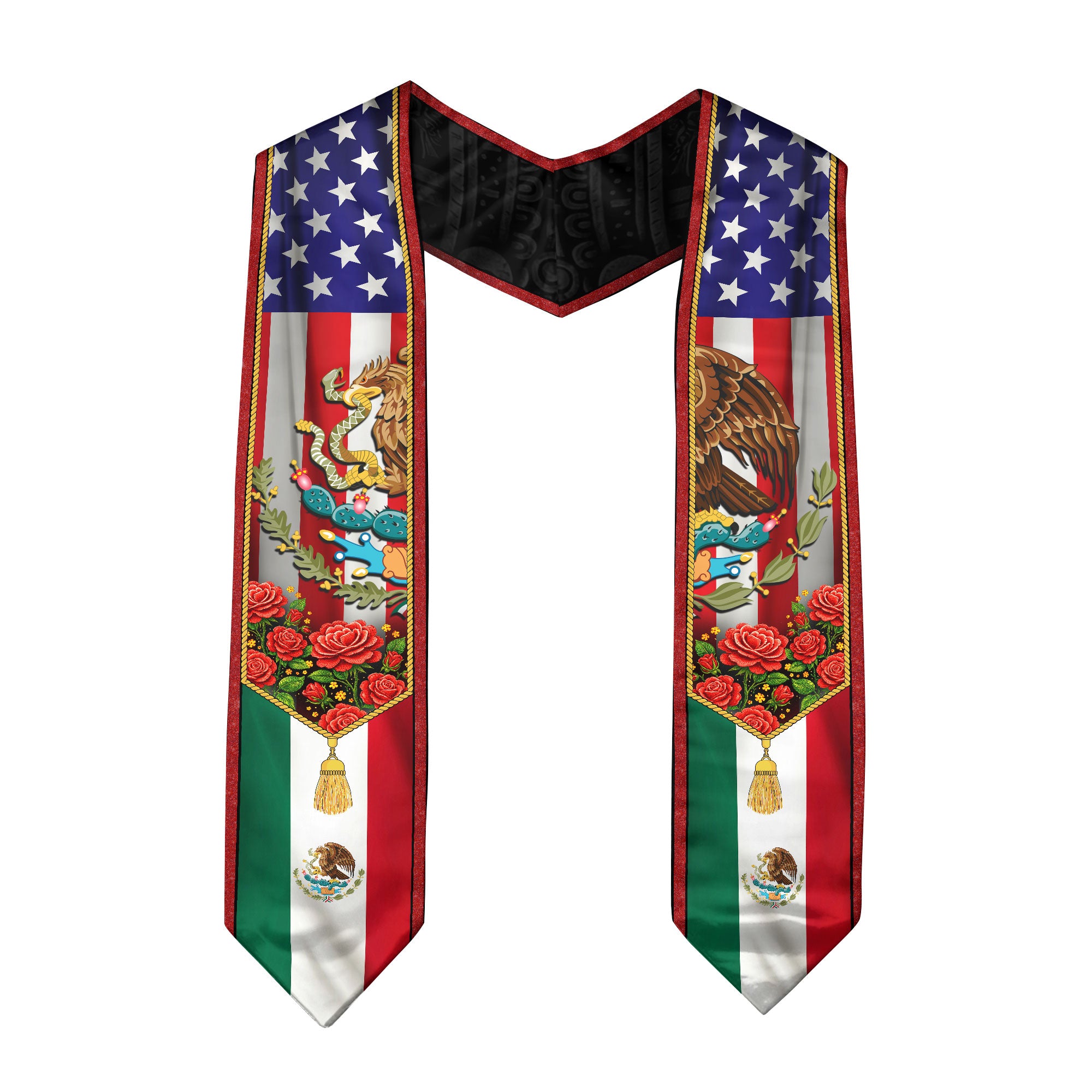 Mexico USA Flag Graduation Stole - Mexican American Heritage Eagle Red Rose Sash