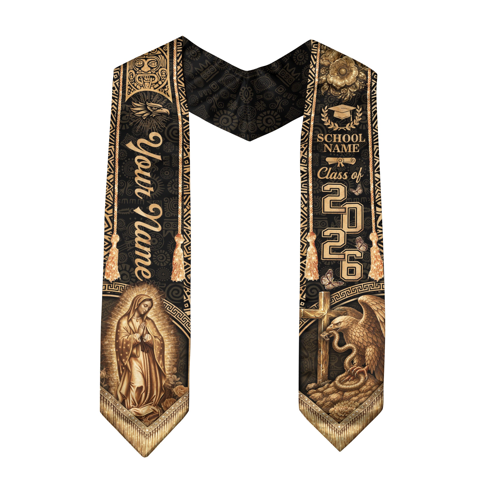 Vintage Gold Mexico Graduation Stole 2026 Virgin Mary Eagle Personalized Heritage Sash