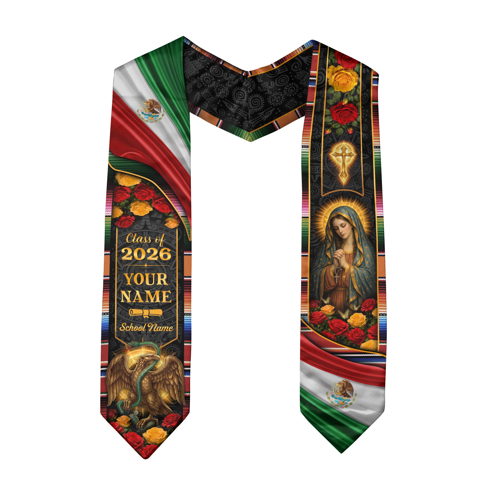 Mexico Graduation Stole 2026 Personalized Virgin Mary Eagle Rose Heritage Sash