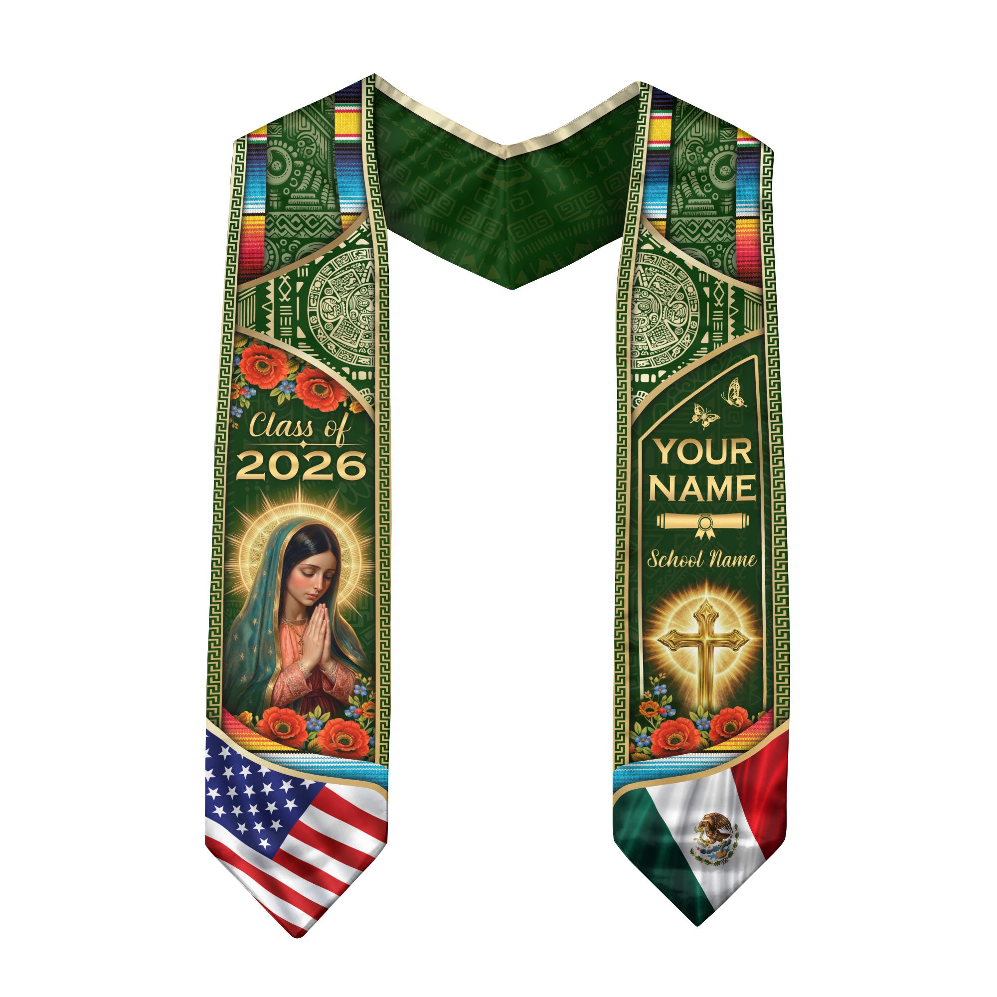 Custom Mexico USA Flag Graduation Stole 2026 Virgin Mary Heritage Sash