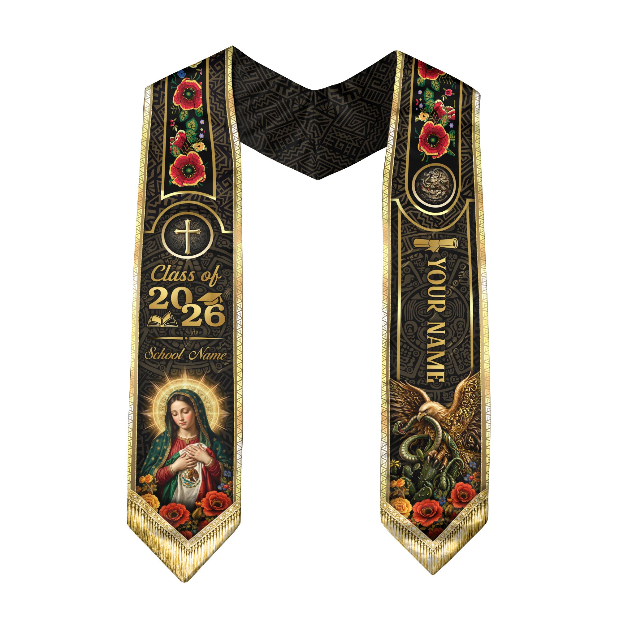 Custom Mexican Graduation Stole 2026 Catholic Virgin Mary Gold Luxury Name School Sash
