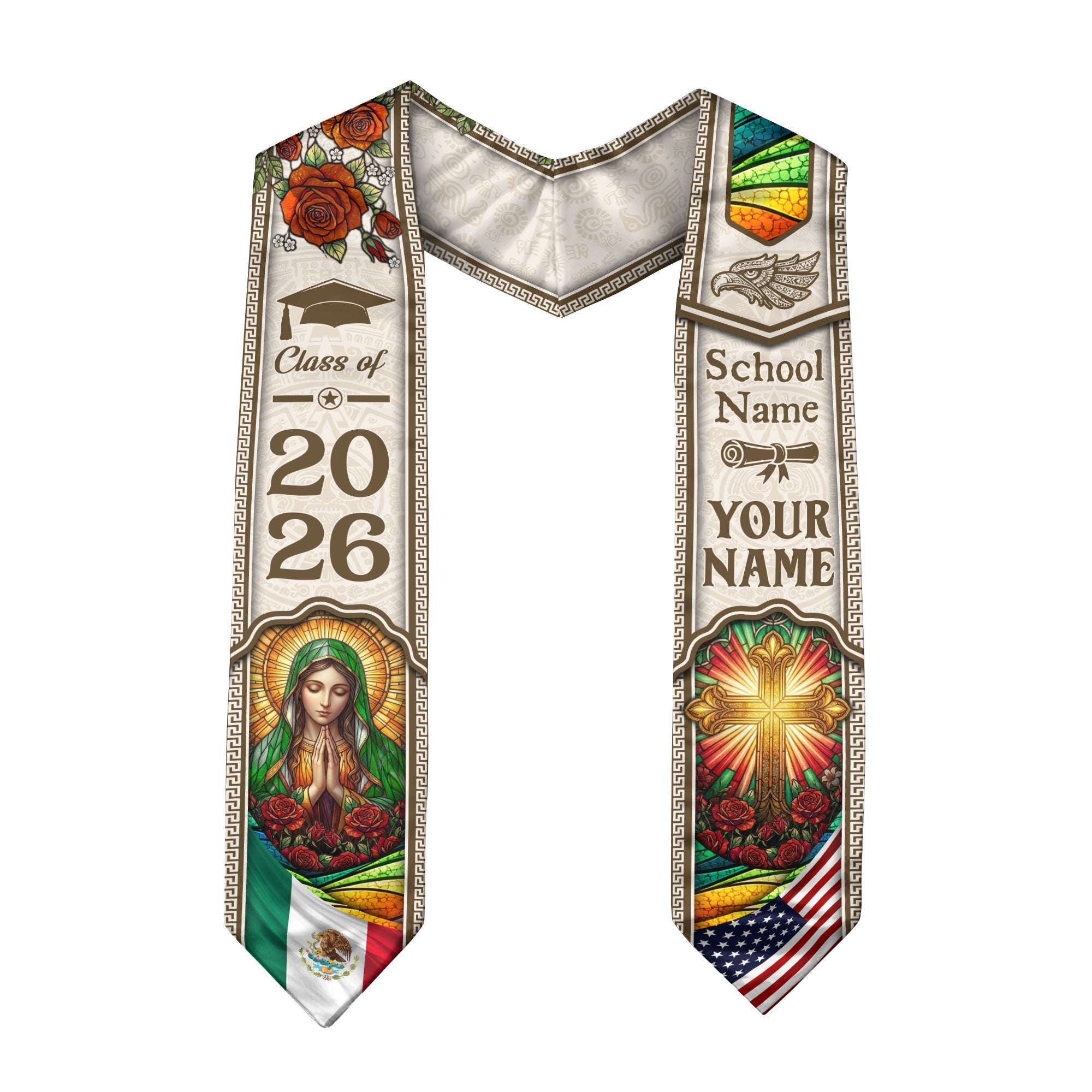 Mexican Graduation Stole 2026 Custom Name School Virgin Mary Cross Gold White Sash