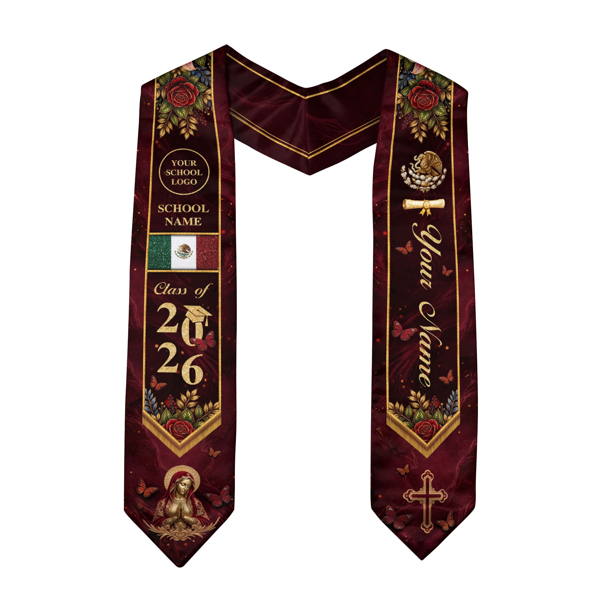 Sacred Heritage Mexican Stole Legacy 2026 Burgundy Virgin Mary Personalized Sash