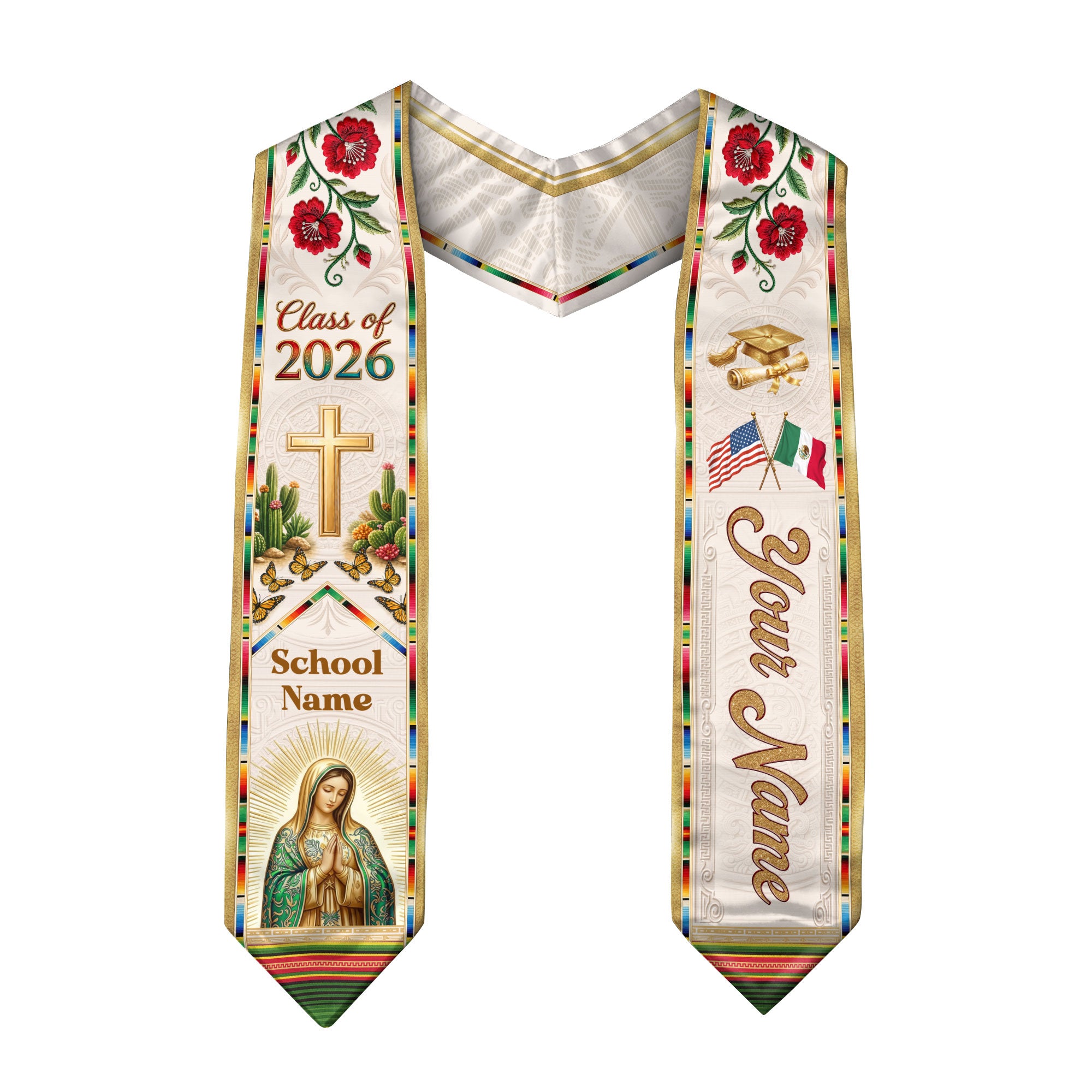 Mexican Heritage Graduation Stole 2026 - Custom Name School Virgin Mary Cross Floral Sash