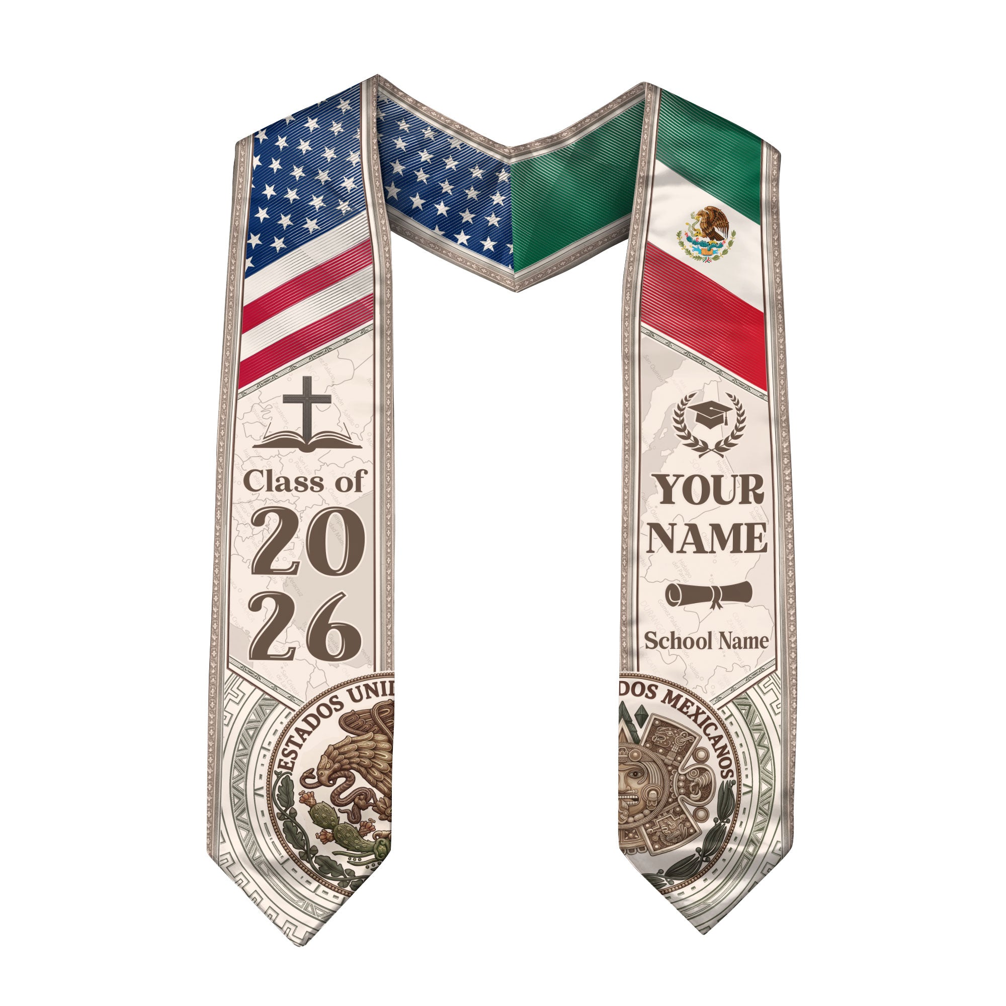 USA Mexico Dual Citizenship Graduation Stole 2026 - Personalized Name & School Sash