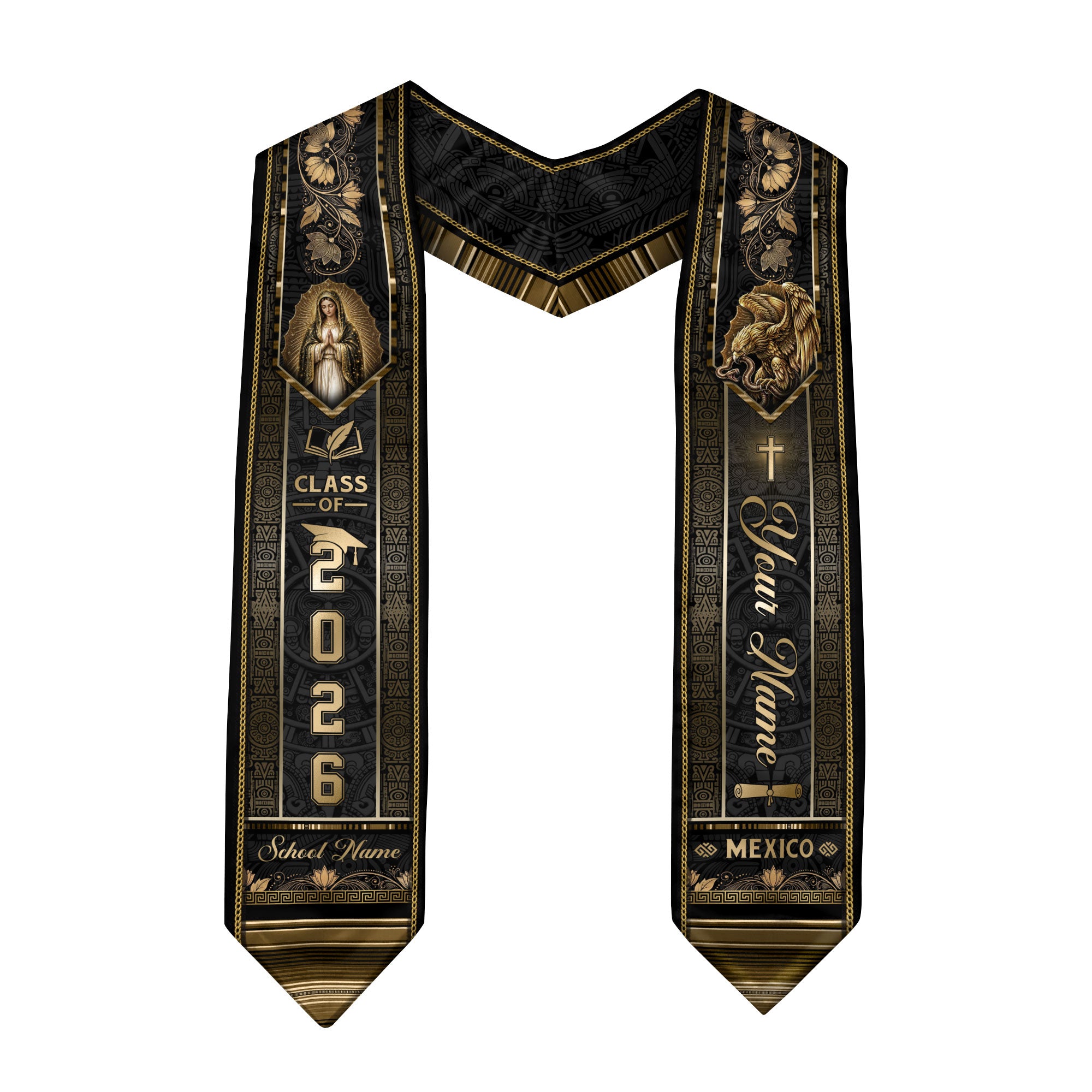 Mexico Graduation Stole Class of 2026 - Custom Name School Gold Black Sash