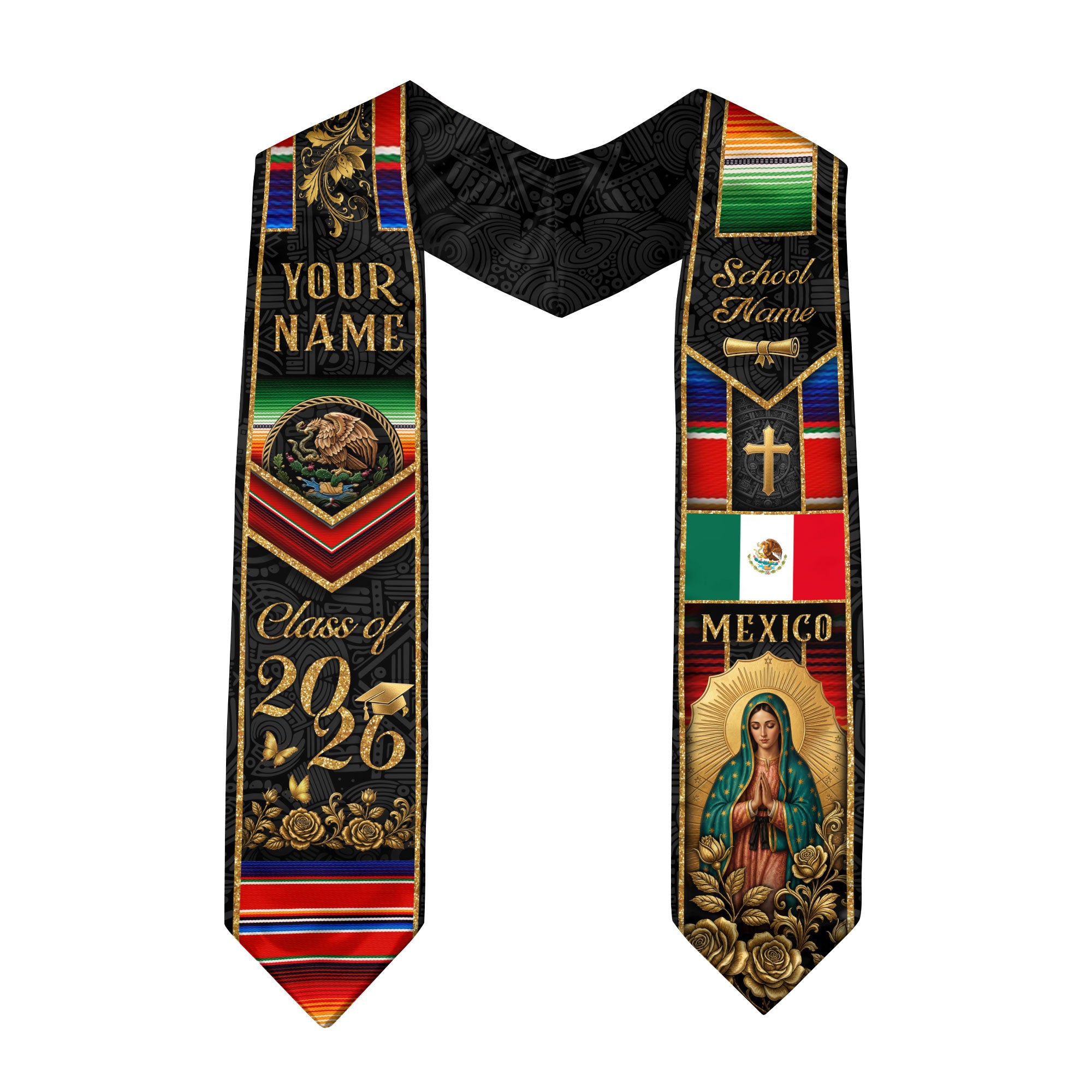 Mexican Heritage Graduation Stole 2026 - Custom Name School Eagle Virgin Mary Gold Sash
