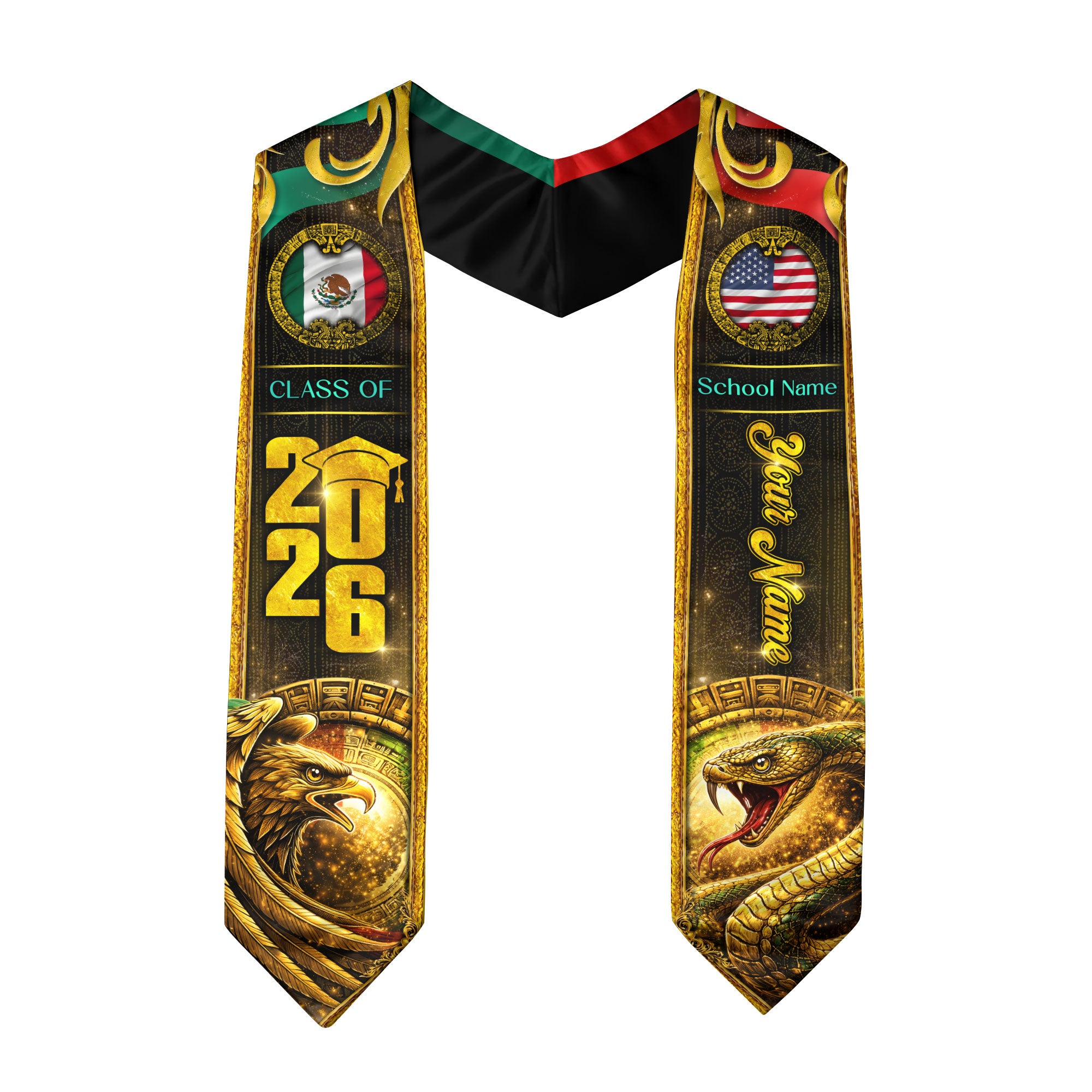 Custom Mexico USA Flag Graduation Stole 2026 Eagle Snake Mexican American Heritage Sash