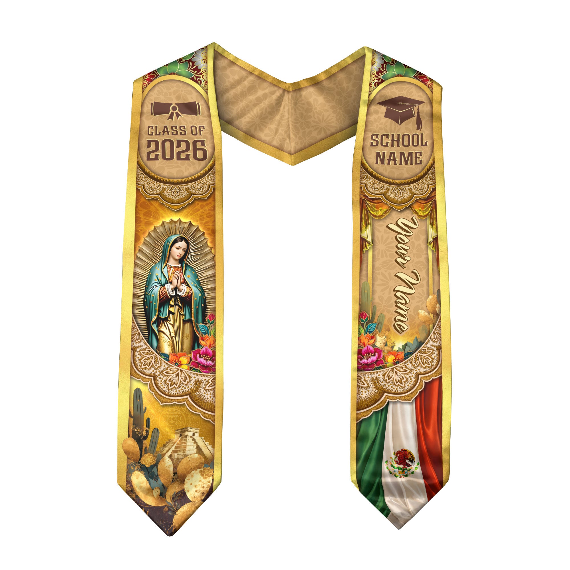 Mexico Graduation Stole 2026 Virgin Mary Pyramid Personalized Heritage Gold Sash