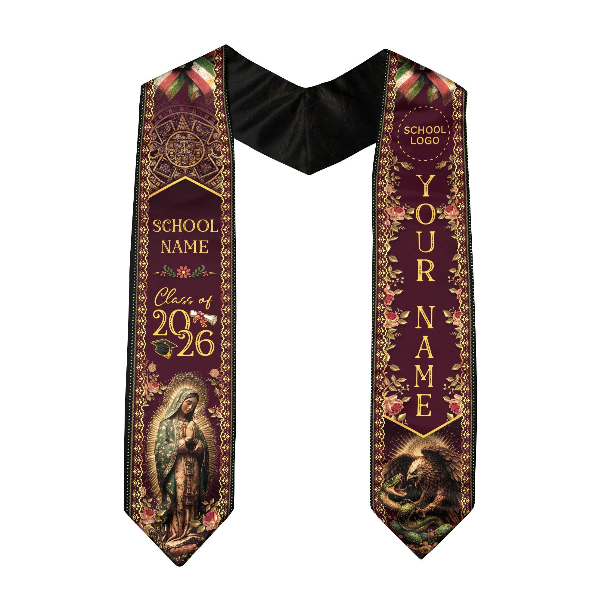 Mexico Graduation Stole 2026 Virgin Mary Burgundy Gold Personalized Heritage Sash