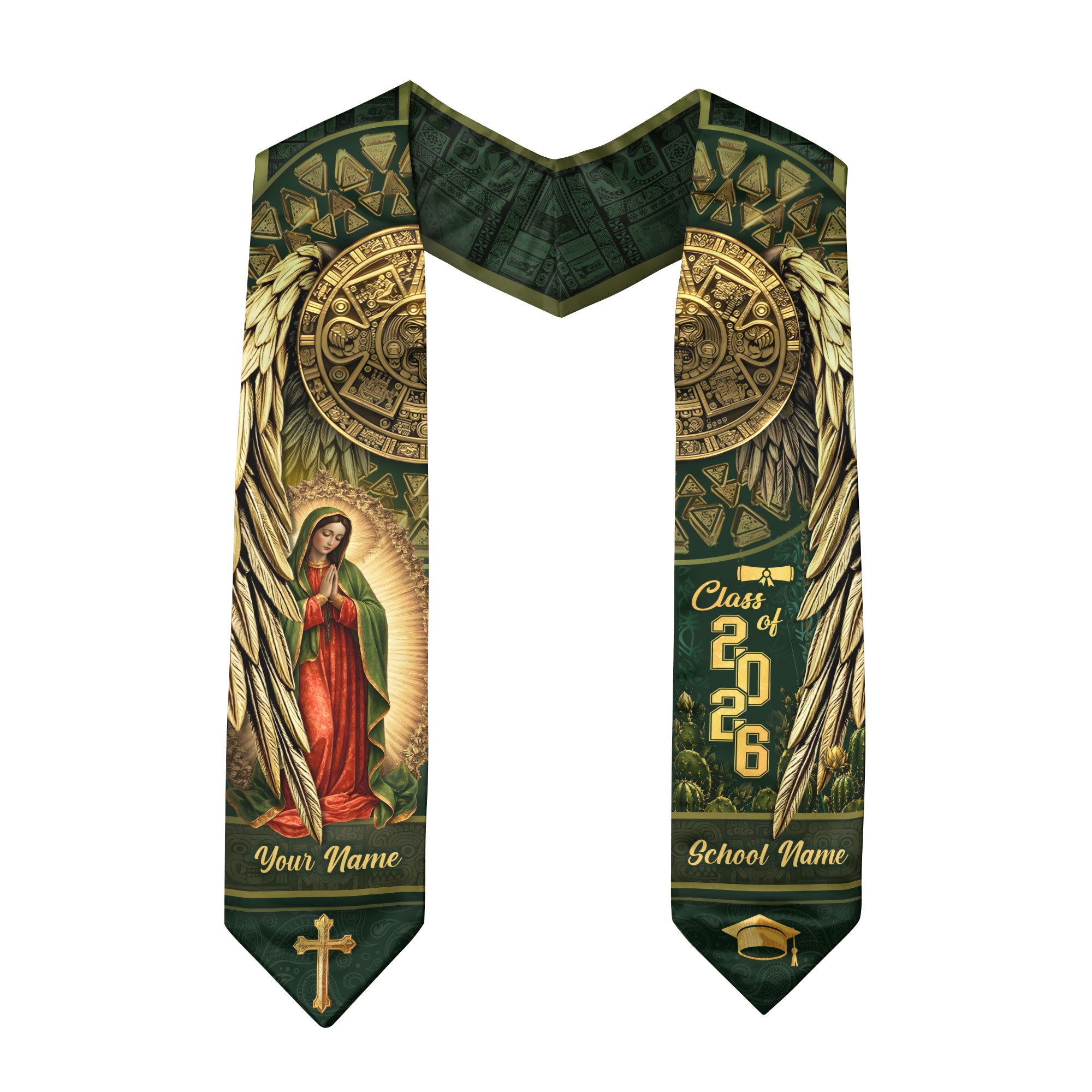 Mexico Graduation Stole 2026 Virgin Mary Aztec Calendar Personalized Heritage Sash