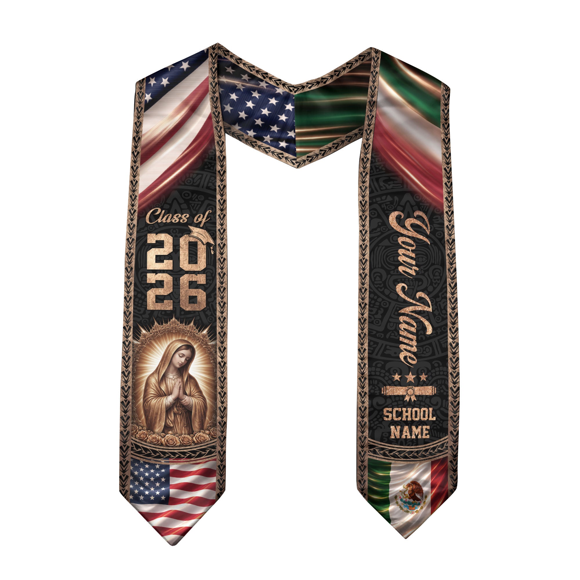 Mexico USA Flag Graduation Stole 2026 Virgin Mary Personalized Heritage Bronze Sash