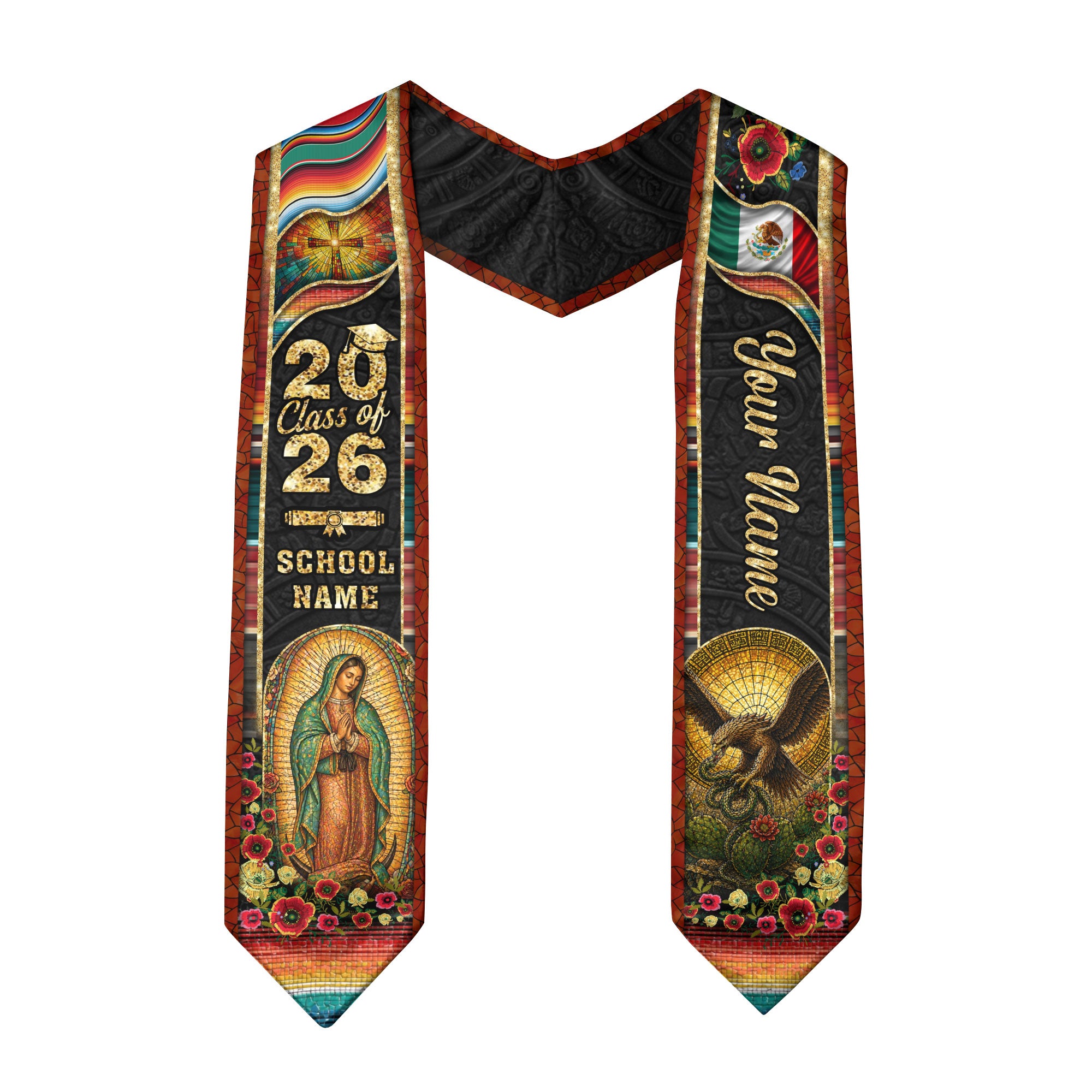 Mexico Graduation Stole 2026 Virgin Mary Eagle Serape Personalized Heritage Mosaic Sash