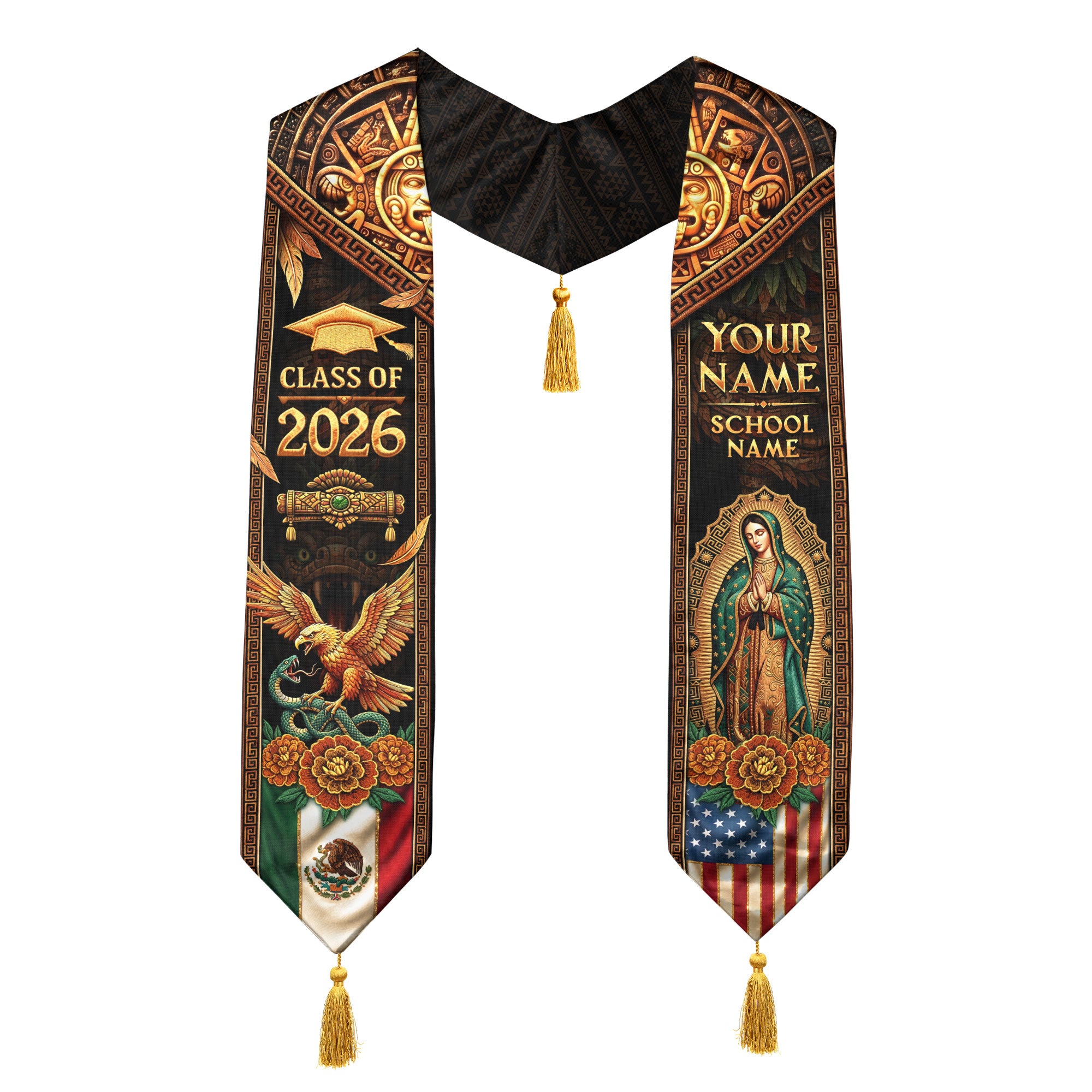 Mexico USA Graduation Stole 2026 Tassels Virgin Mary Eagle Personalized Gold Sash