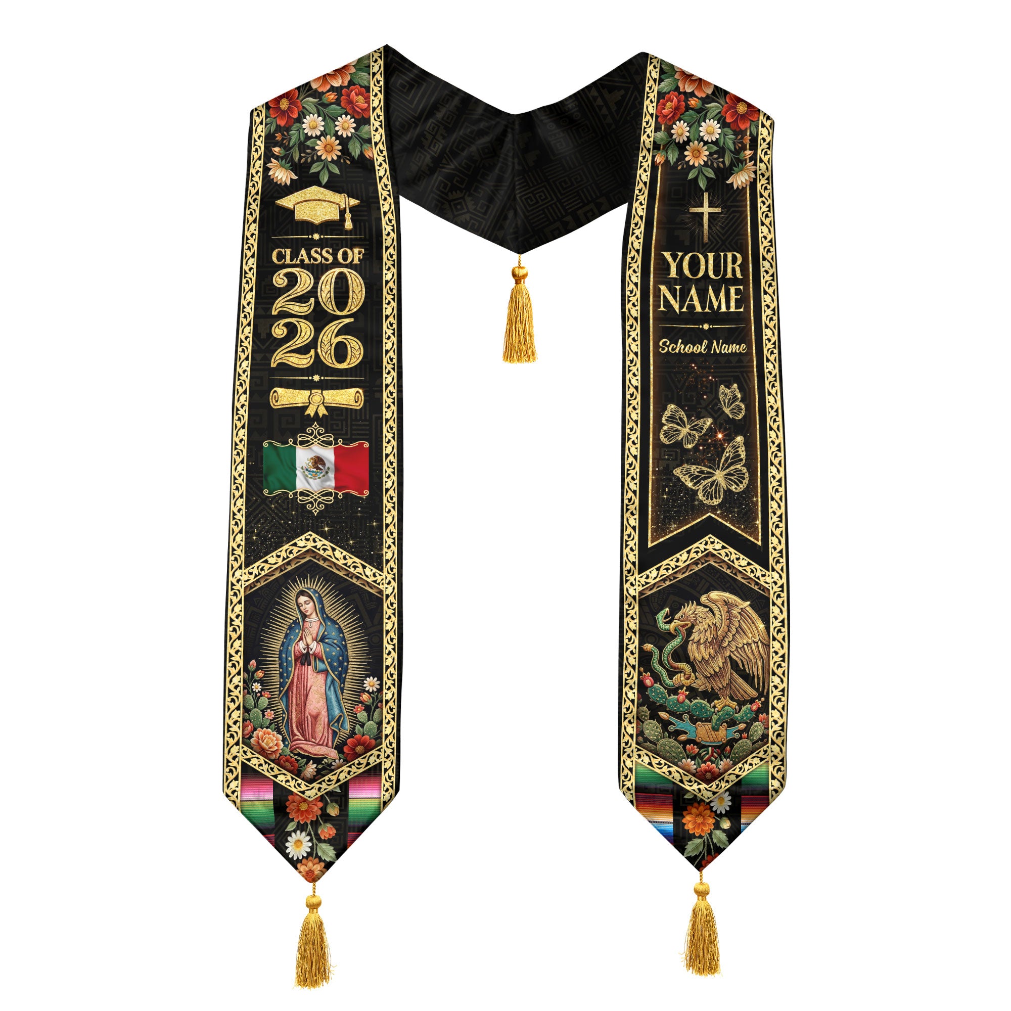 Custom Mexico Graduation Stole 2026 Tassels Virgin Mary Eagle Black Gold Sash